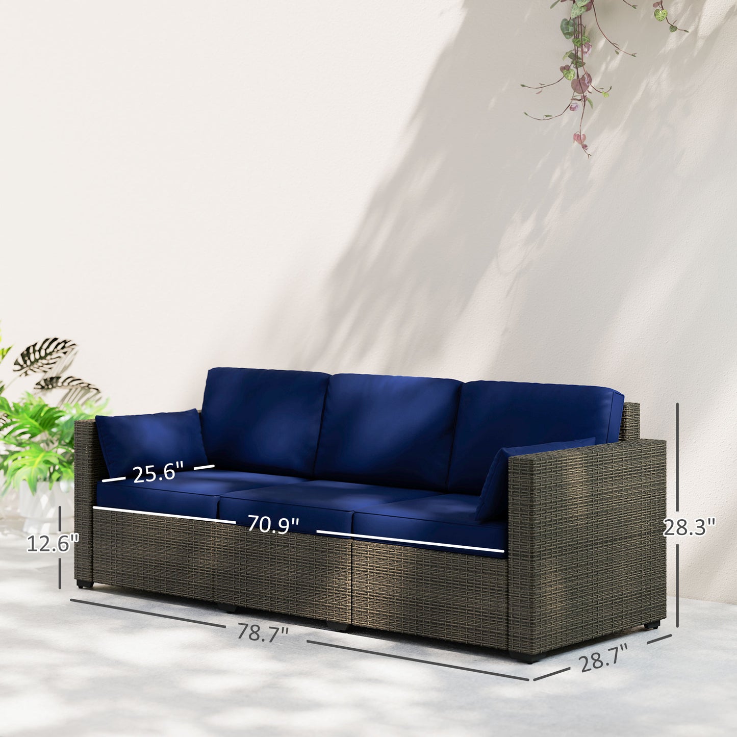 Patio Couch PE Wicker Deep Seating Outdoor Sofa with Removable Cushions, 3 Seater Rattan Sofa, Outdoor Furniture for Balcony, Deck, Garden and Poolside, Navy Blue