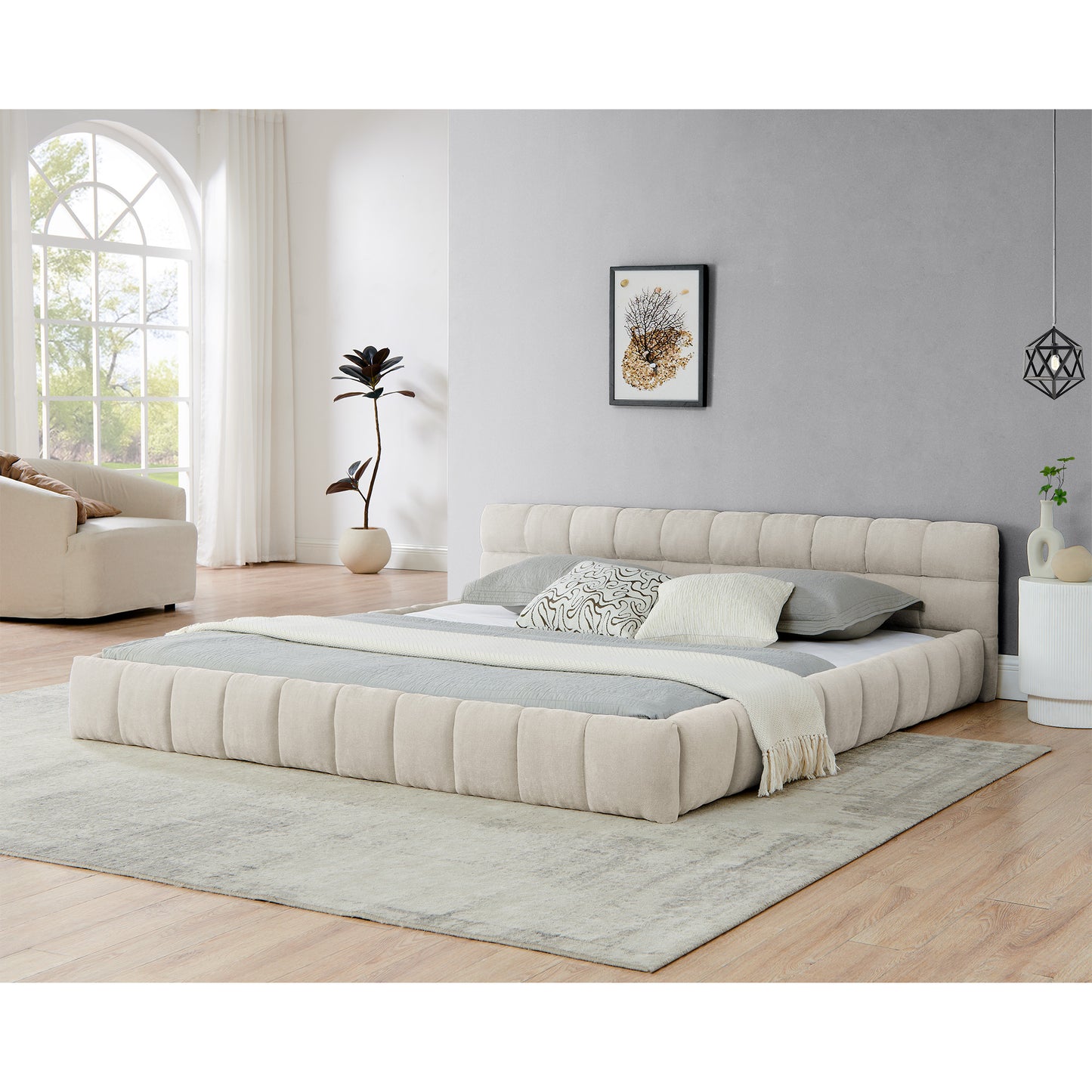 King Size Upholstered Bed Frame With Thick Fabric, Chenille Fabric Grounded Queen Size Platform Bed With Headboard And Solid Frame. No Box Spring Needed-Beige 88.5x85.5x24