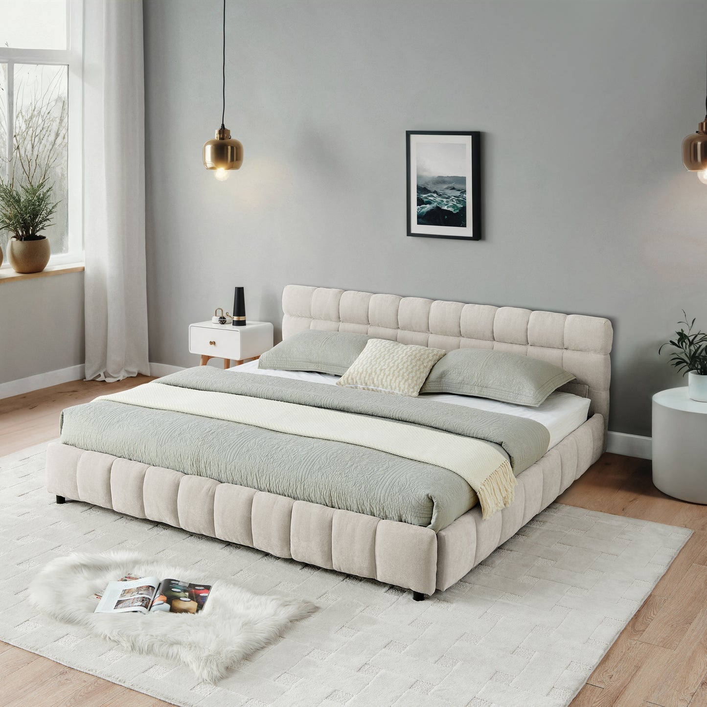 California King Size Upholstered Bed ,comfortable Upholstered Bed Frame, Chenille Fabric, With Headboard And Solid Bed Frame. With Drawer For Storage.-Beige 90.5x80.5x31