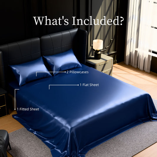 Satin Bed Sheets, King Size Sheets Set, 4 Pcs Silky Bedding Set With 15 Inches Deep Pocket For Mattress King, Navy Blue