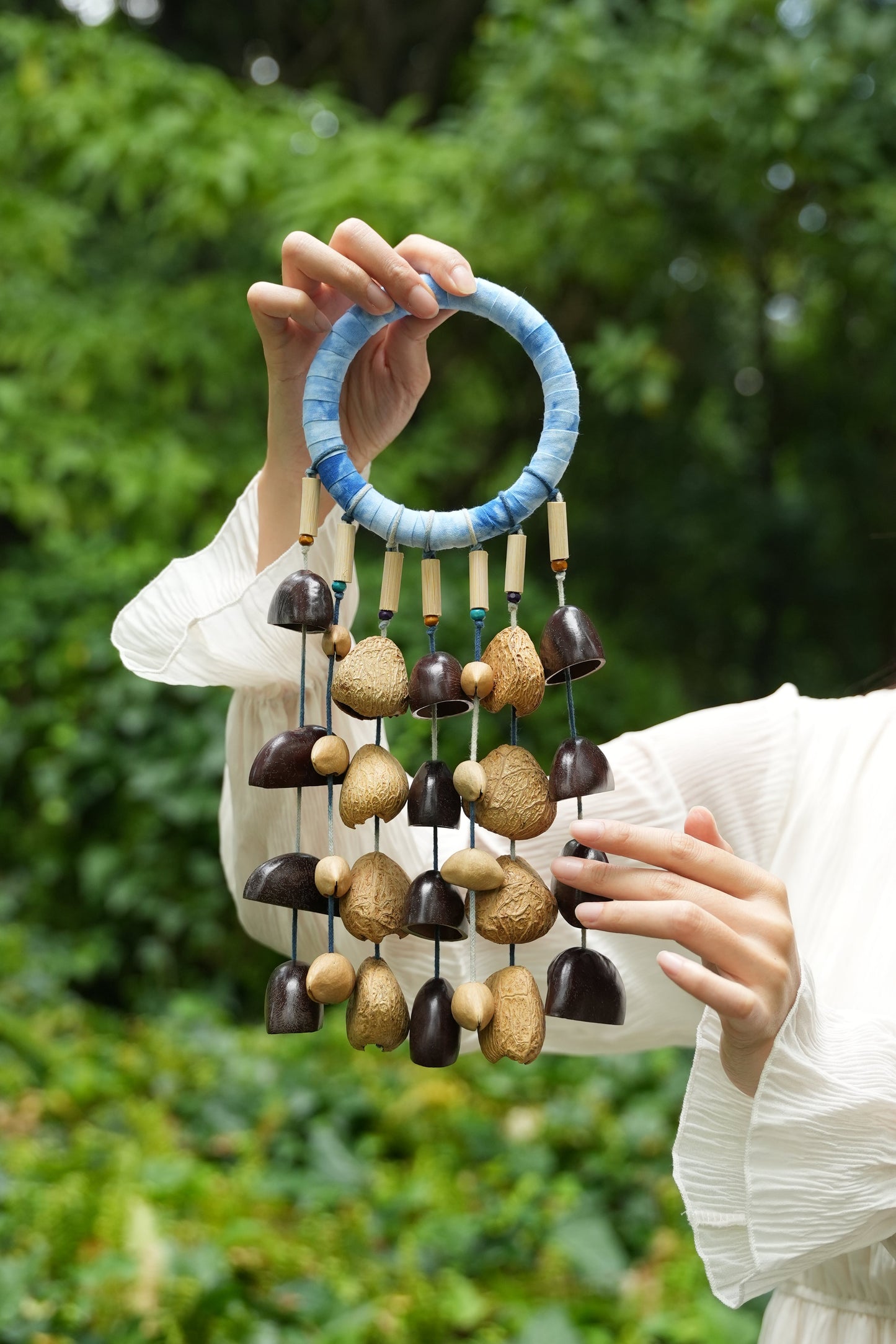 "The Indigo Rain" - Shibori Wrapped Ring & Cascading Shell Wind Chime
