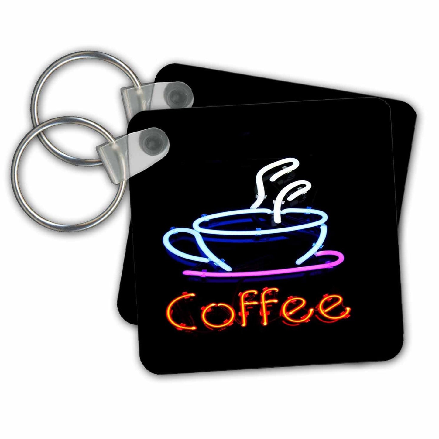 set of 4 Key Chains - Image of Neon Sign With Word Coffee And Coffee Cup Signs