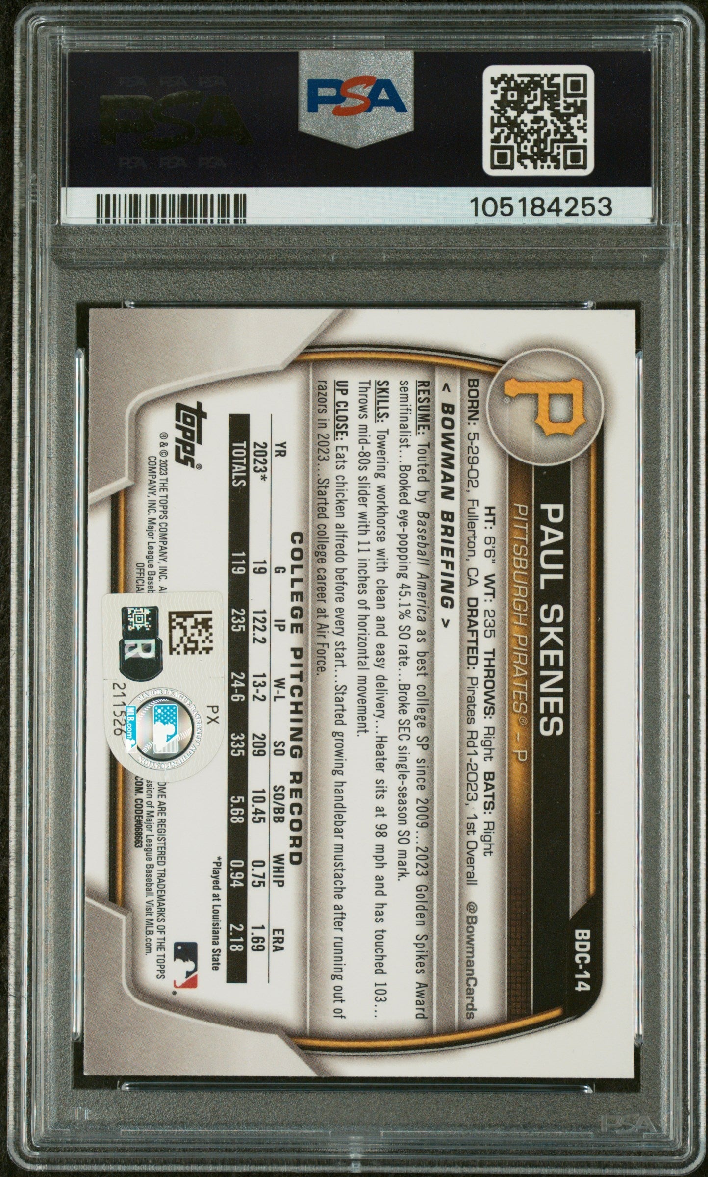 Graded 2023 Topps Bowman Draft Paul Skenes #BDC14 Chrome Rookie RC Baseball Card PSA 10 Auto Grade Gem Mint