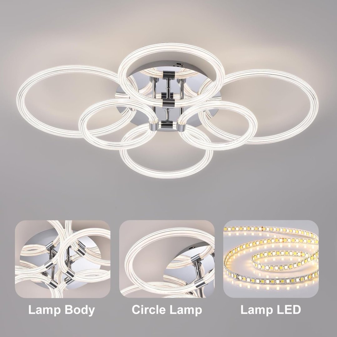 Modern LED Ceiling Light, Flush Mount Ceiling Light With Dimmable Remote Control, 6Rings Acrylic Ceiling Light Fixture For Bedroom, Living Room, Kitchen, Office Lamps 6 Heads