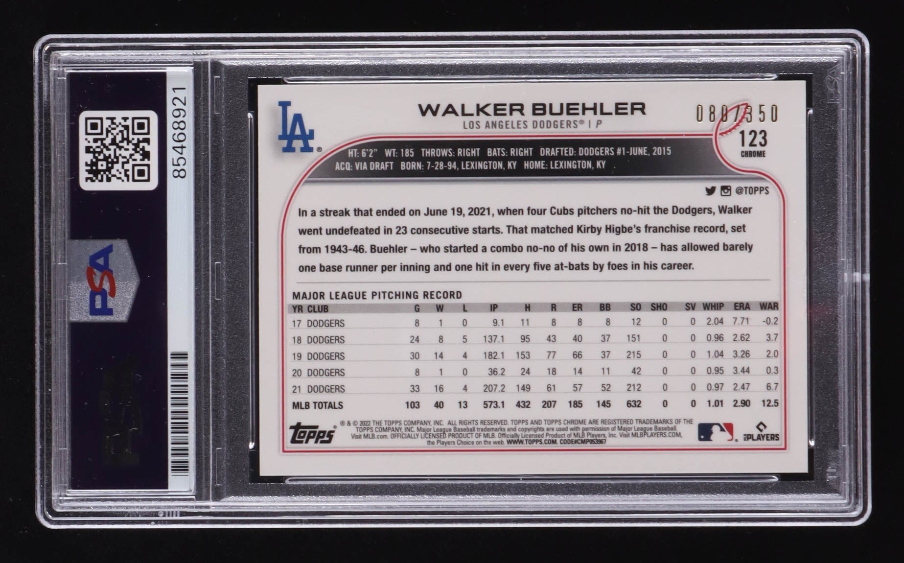 Walker Buehler Signed 2022 Topps Chrome Magenta Speckle #123 #88/350 (PSA) Serially Numbered #88 / 350