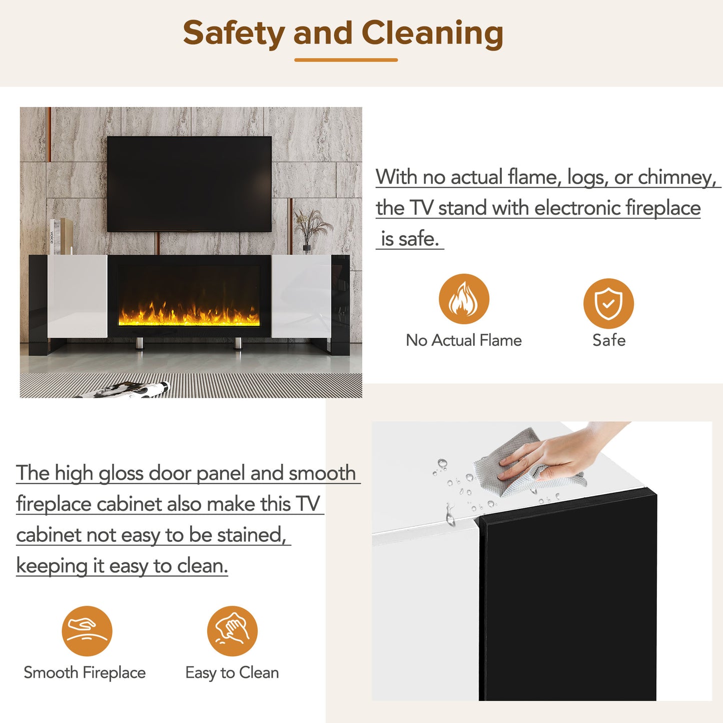 ON-TREND Modern TV Stand With 34.2 Non-heating Electric Fireplace, High Gloss Entertainment Center With 2 Cabinets, Media Console For TVs Up To 78, White