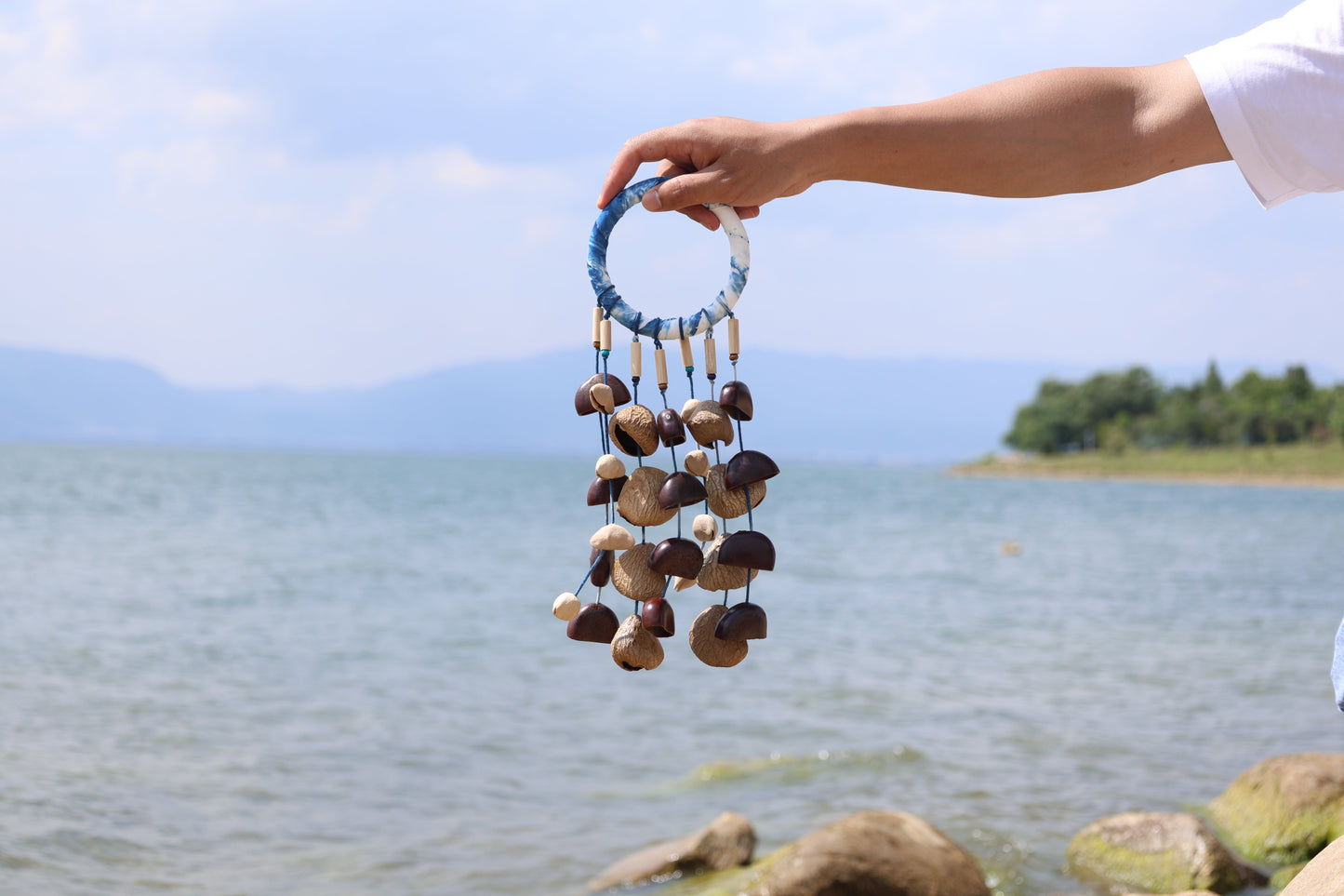 "The Indigo Rain" - Shibori Wrapped Ring & Cascading Shell Wind Chime