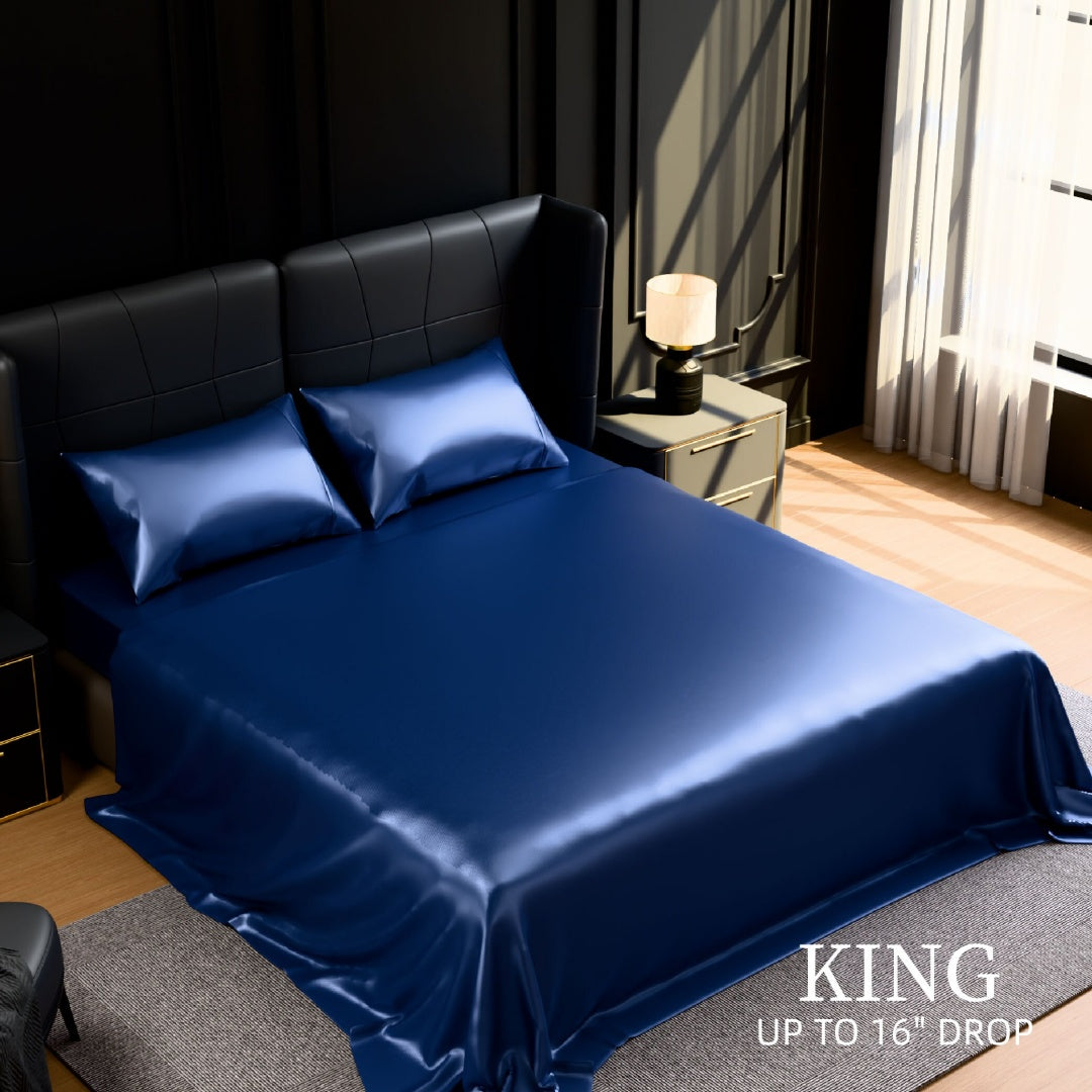 Satin Bed Sheets, King Size Sheets Set, 4 Pcs Silky Bedding Set With 15 Inches Deep Pocket For Mattress King, Navy Blue
