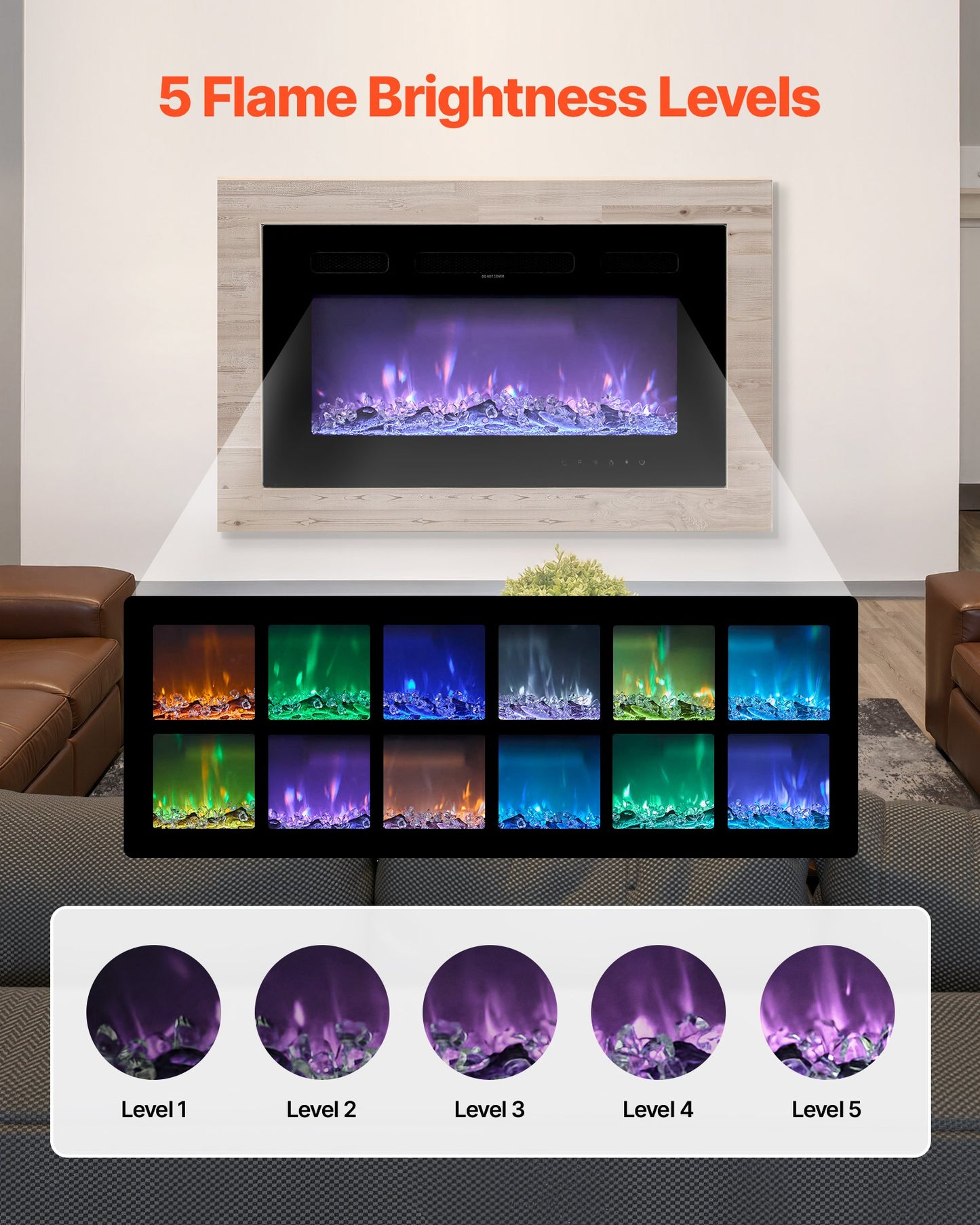 42 Inch Electric Fireplace, Wall Mounted Recessed Fire Place With Remote Control, Timer, 1500W, Adjustable Flame Color Brightness, Touch Screen, Overheat Protection, For Living Room,Bedroom
