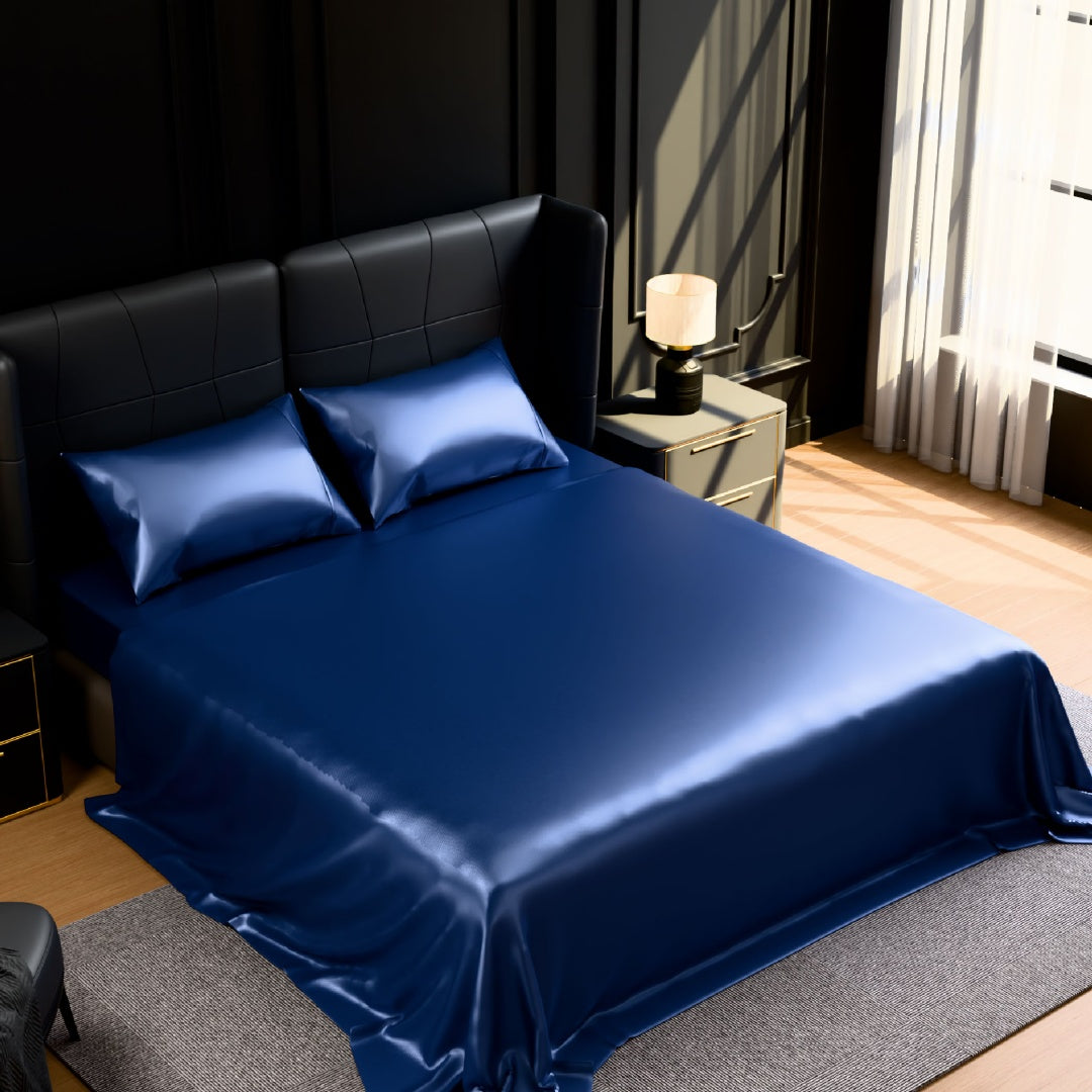 Satin Bed Sheets, King Size Sheets Set, 4 Pcs Silky Bedding Set With 15 Inches Deep Pocket For Mattress King, Navy Blue