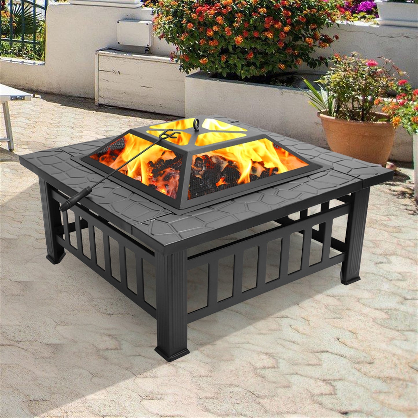 32 Inch Multifunctional Fire Pit Table 32in Square Metal Firepit Stove Backyard Patio Garden Fireplace For Camping, Outdoor Heating, Bonfire And Picnic