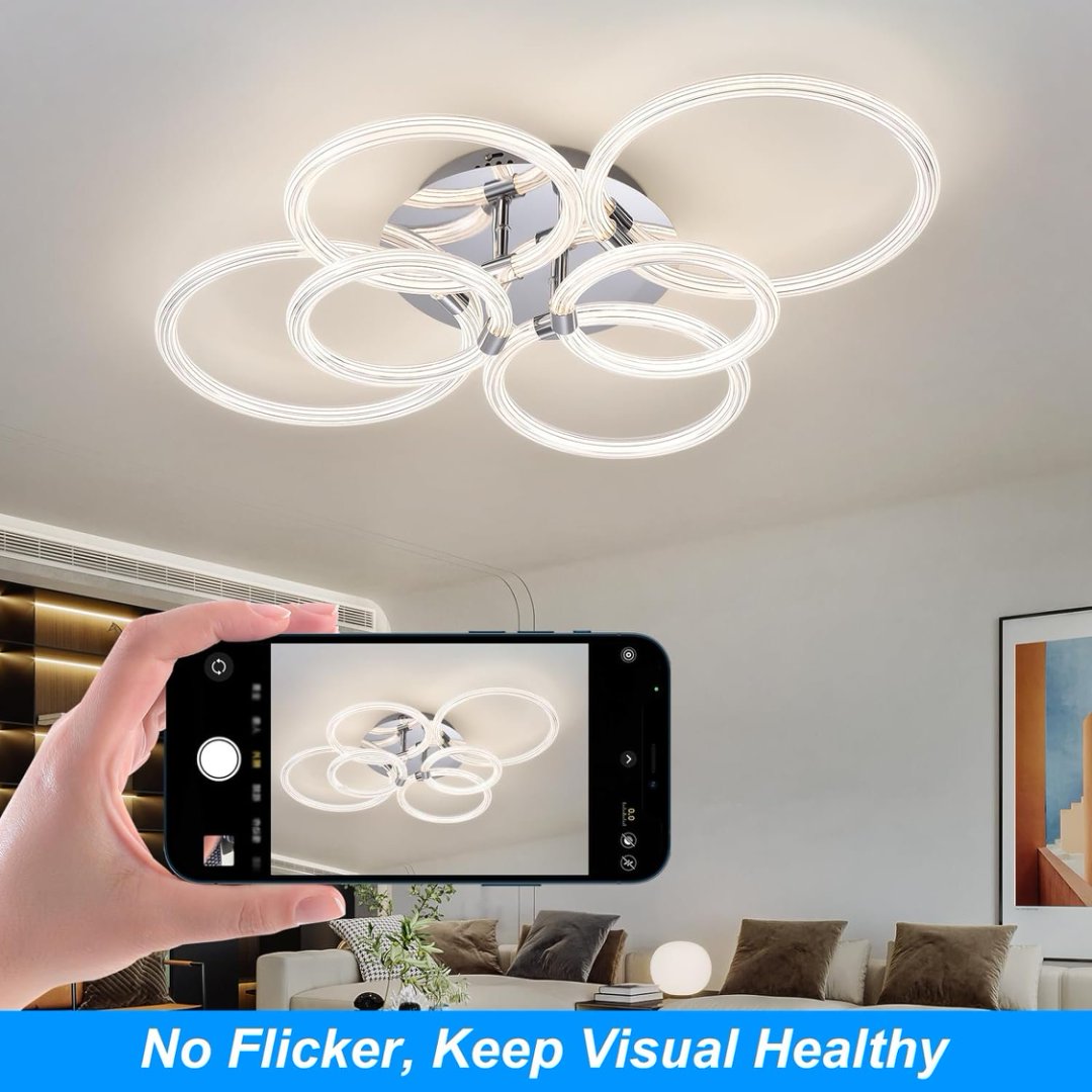 Modern LED Ceiling Light, Flush Mount Ceiling Light With Dimmable Remote Control, 6Rings Acrylic Ceiling Light Fixture For Bedroom, Living Room, Kitchen, Office Lamps 6 Heads