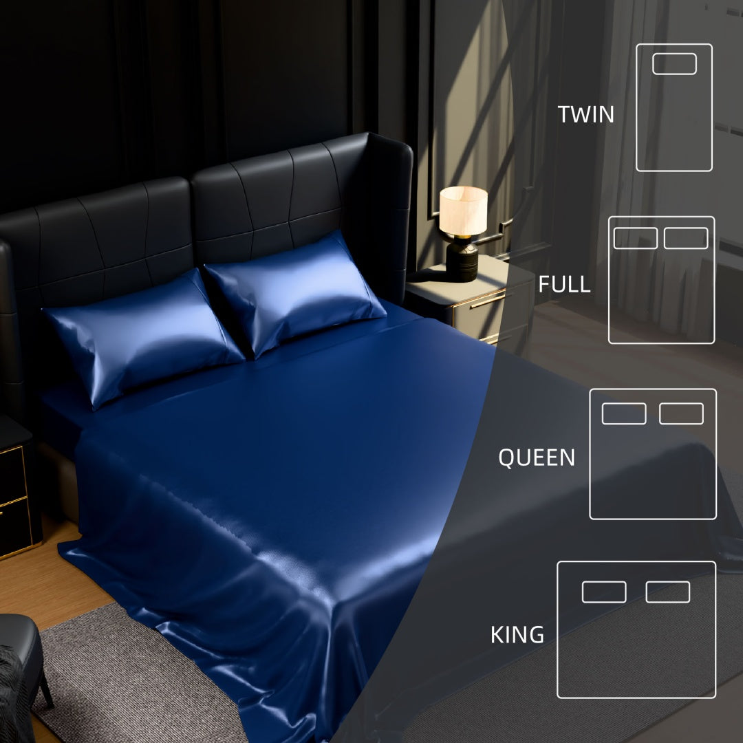Satin Bed Sheets, King Size Sheets Set, 4 Pcs Silky Bedding Set With 15 Inches Deep Pocket For Mattress King, Navy Blue