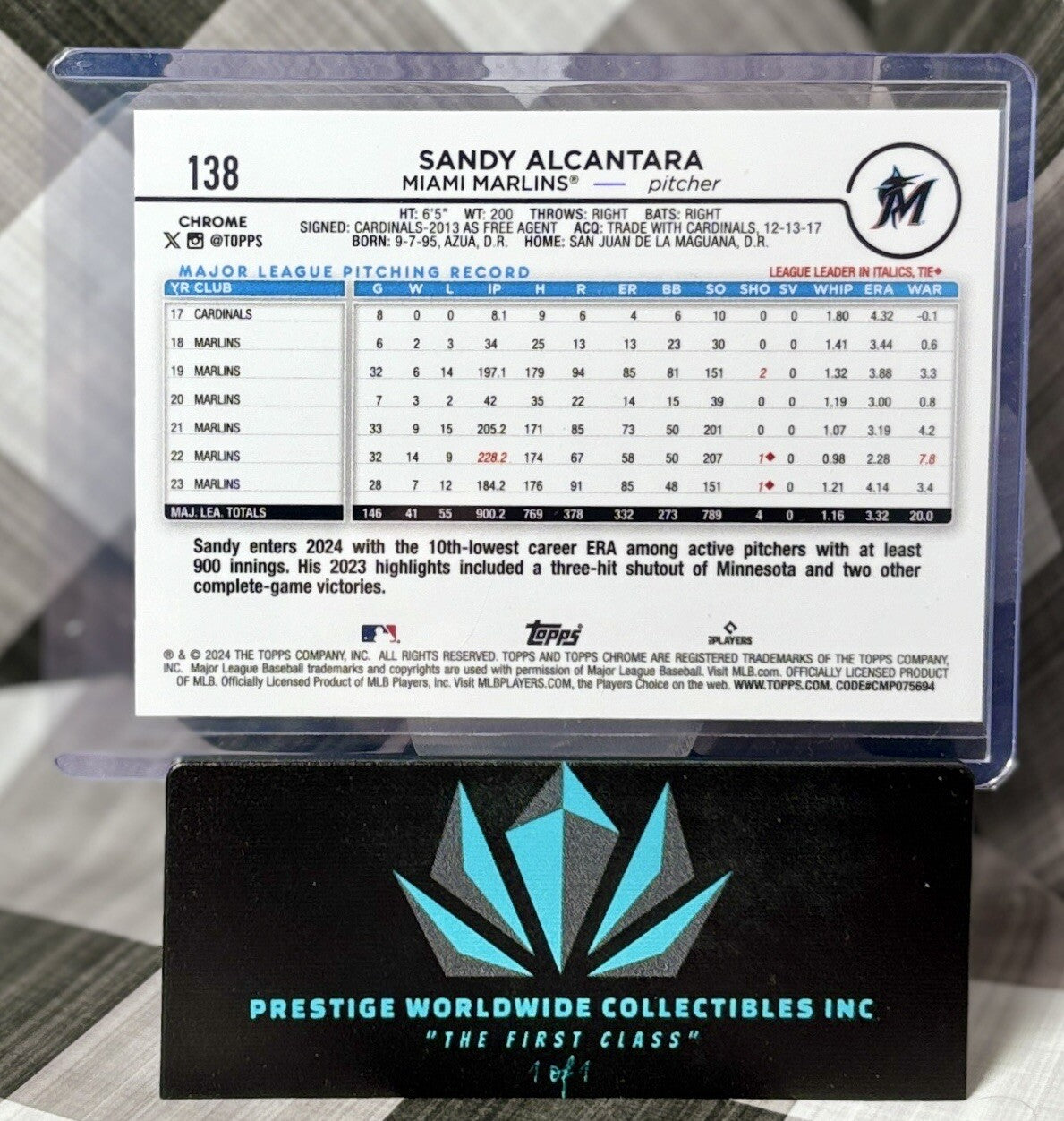 Sandy Alcantara 2024 Topps Chrome Sonar Purple Refractor /275 #138 Miami