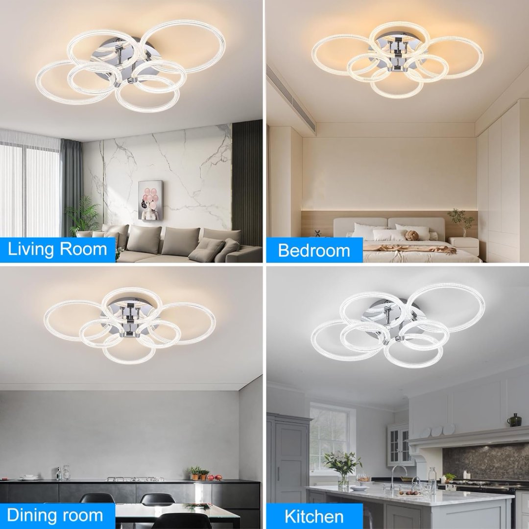 Modern LED Ceiling Light, Flush Mount Ceiling Light With Dimmable Remote Control, 6Rings Acrylic Ceiling Light Fixture For Bedroom, Living Room, Kitchen, Office Lamps 6 Heads