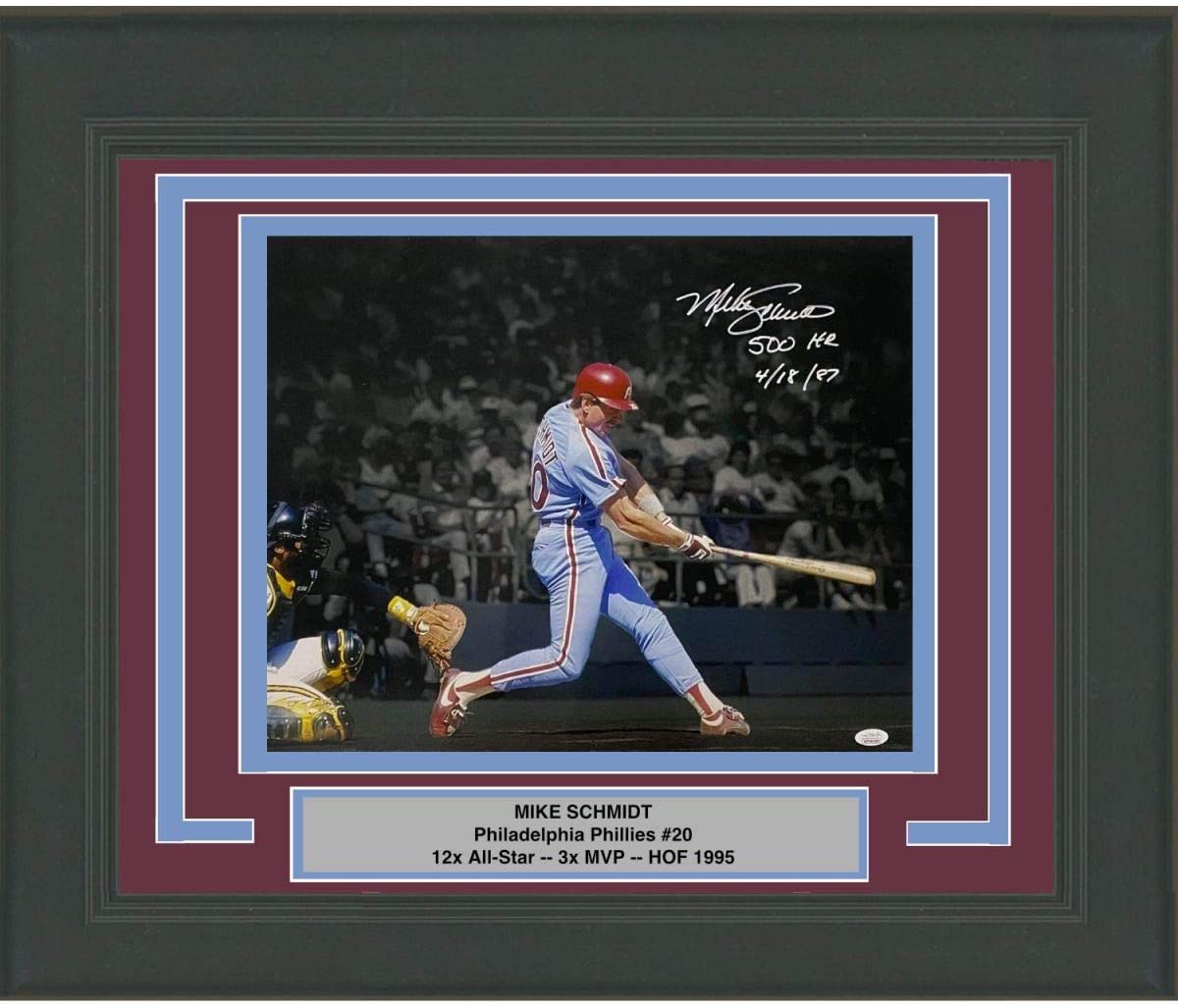 Framed Autographed/Signed Mike Schmidt 500th HR Inscribed Philadelphia 16x20 Baseball Photo JSA COA
