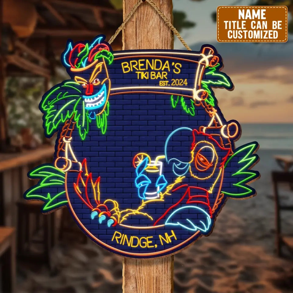 Personalized Neon Style Tiki Bar Wooden Sign - Gift Idea For Summer/Family