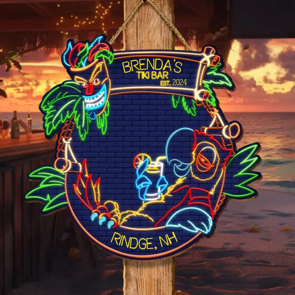 Personalized Neon Style Tiki Bar Wooden Sign - Gift Idea For Summer/Family
