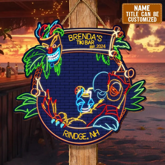 Personalized Neon Style Tiki Bar Wooden Sign - Gift Idea For Summer/Family