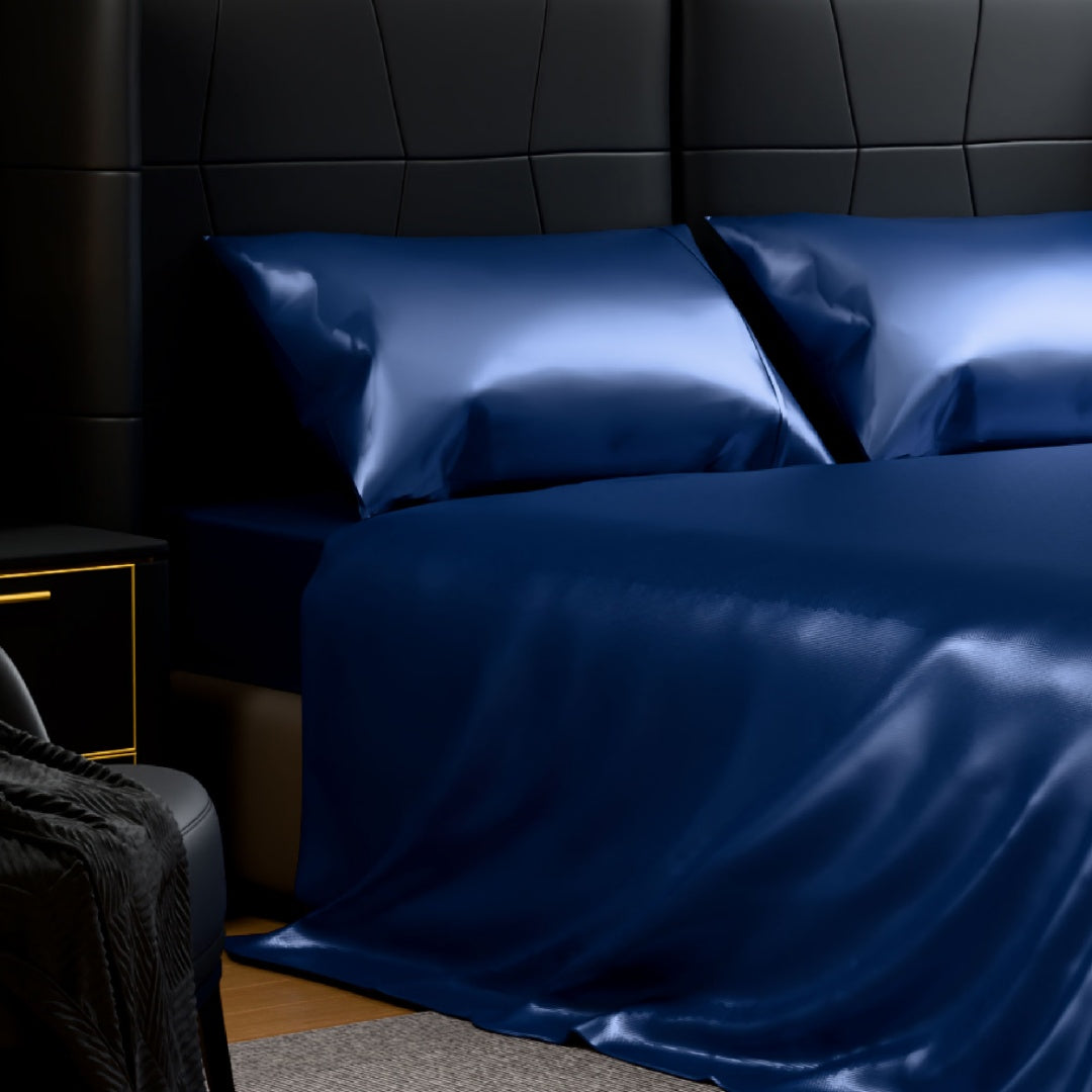 Satin Bed Sheets, King Size Sheets Set, 4 Pcs Silky Bedding Set With 15 Inches Deep Pocket For Mattress King, Navy Blue