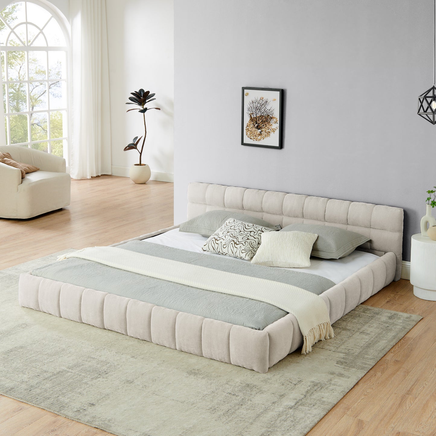 King Size  Upholstered Bed Frame With Thick Fabric, Chenille Fabric Grounded Queen Size Platform Bed With Headboard And Solid Frame. No Box Spring Needed-Beige 88.5x85.5x24