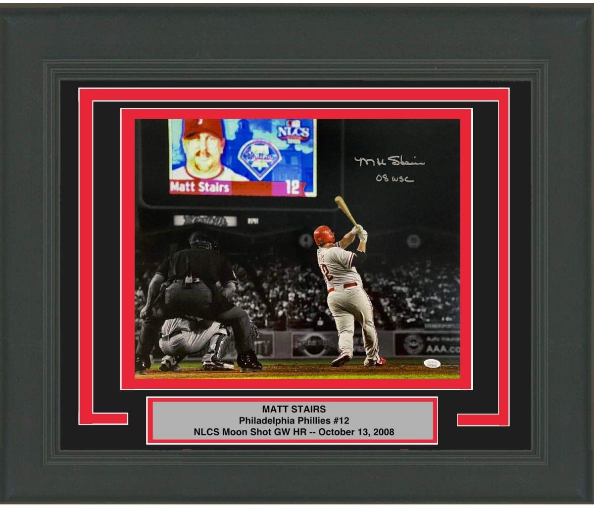 Framed Autographed/Signed Matt Stairs 08 WSC Moon Shot Philadelphia Phillies 16x20 Baseball Photo JSA COA
