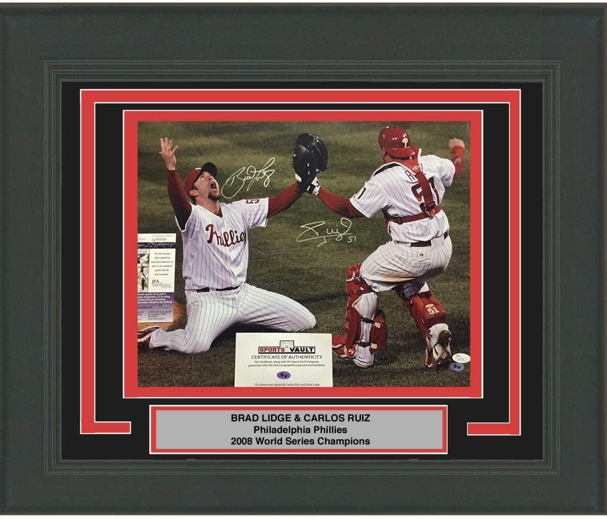 Framed Autographed/Signed Brad Lidge & Carlos Ruiz Dual 2008 World Series Philadelphia 16x20 Baseball Photo JSA COA