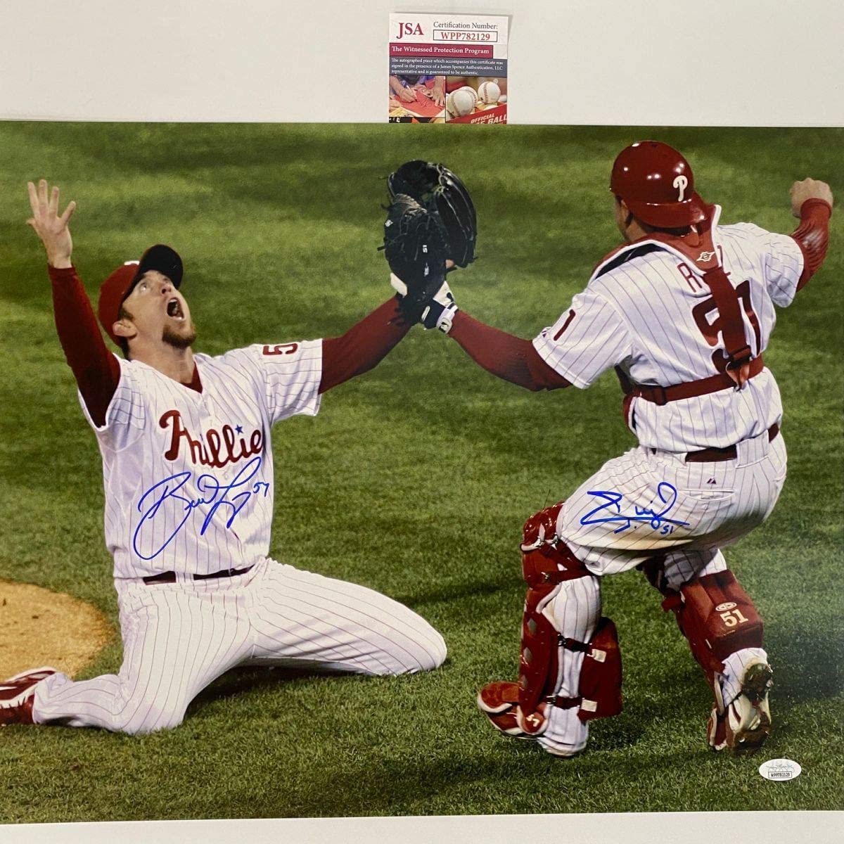 Autographed/Signed Brad Lidge & Carlos Ruiz Dual 2008 World Series Philadelphia 16x20 Baseball Photo JSA COA