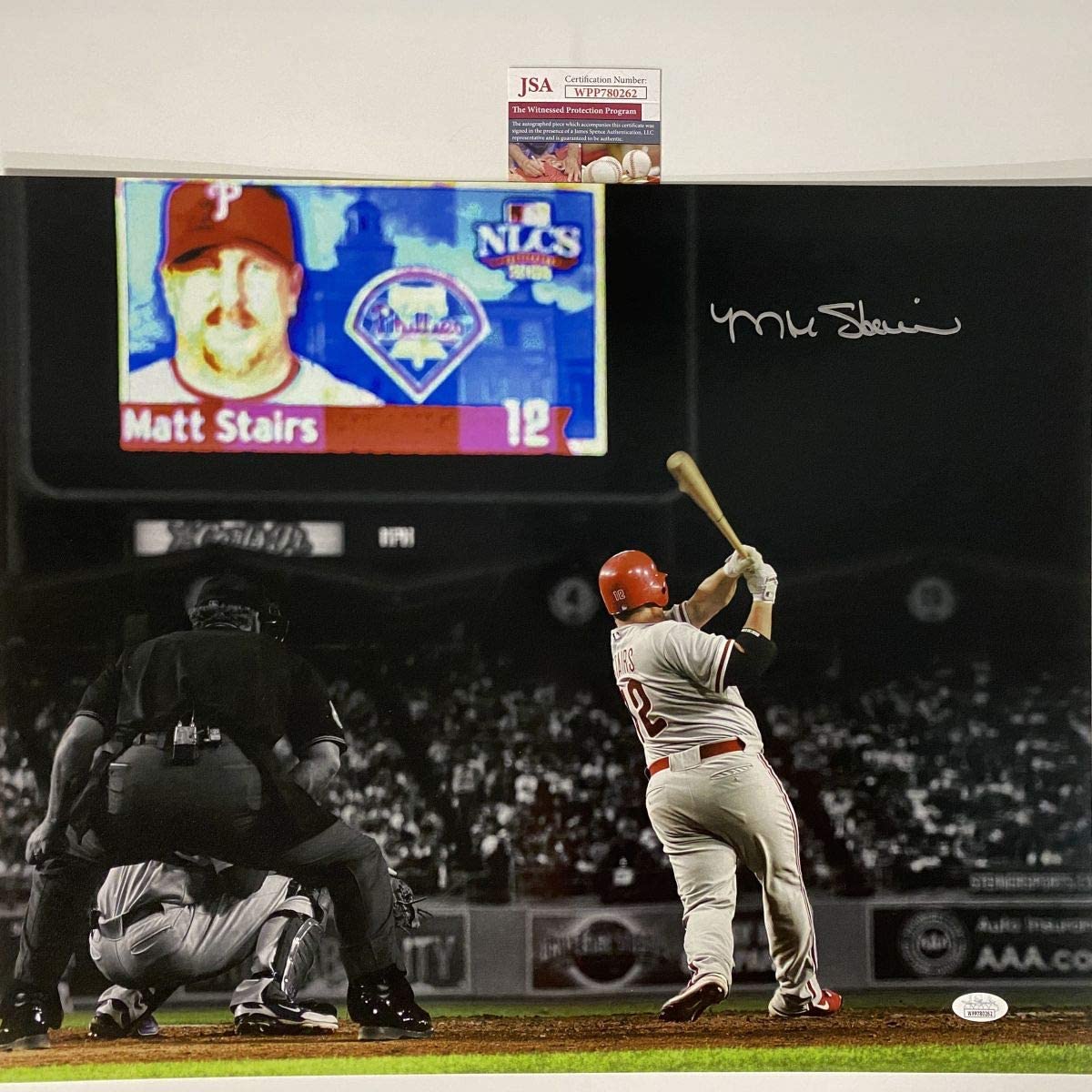 Autographed/Signed Matt Stairs Moon Shot Philadelphia 16x20 Baseball Photo JSA COA