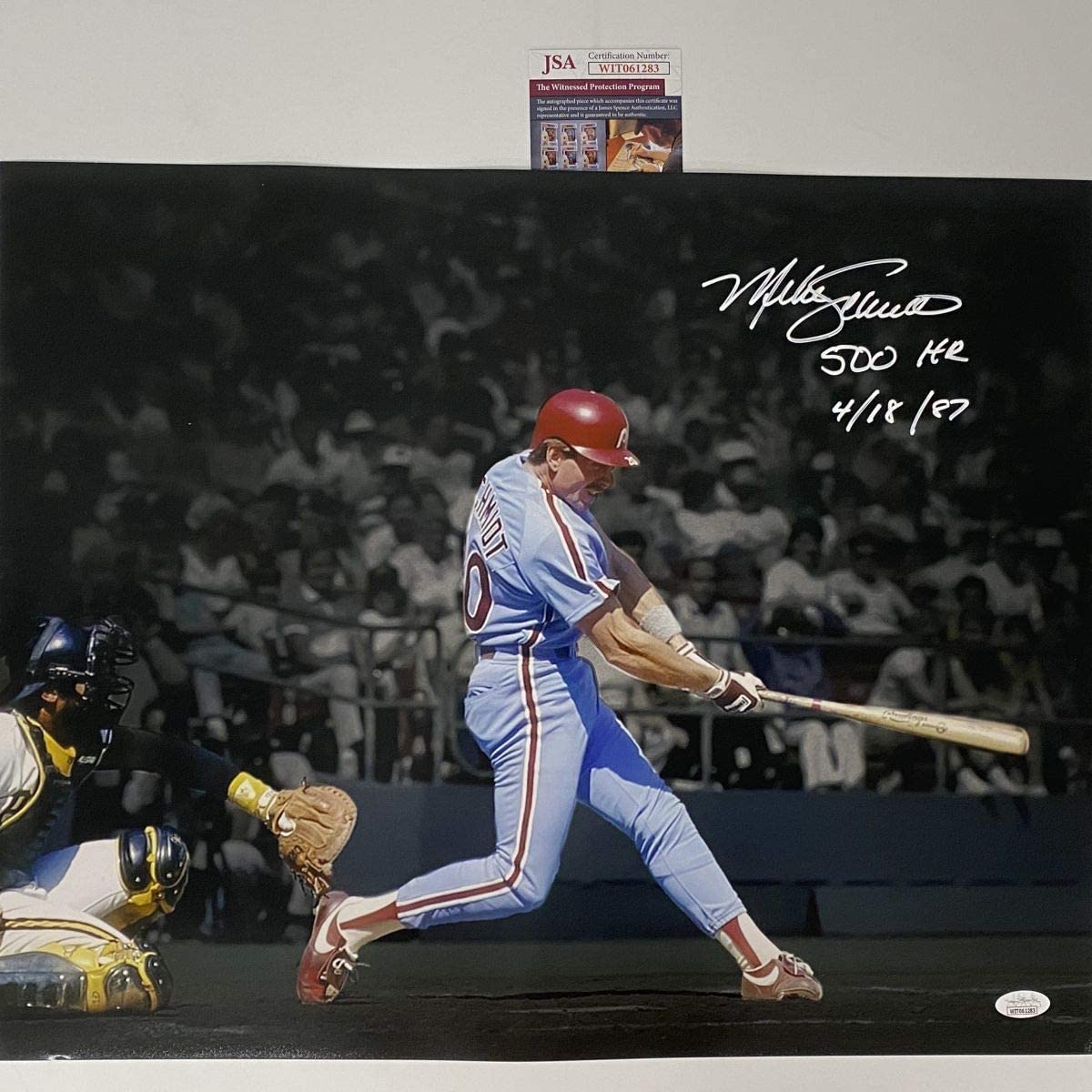 Autographed/Signed Mike Schmidt 500th HR Inscribed Philadelphia 16x20 Baseball Photo JSA COA