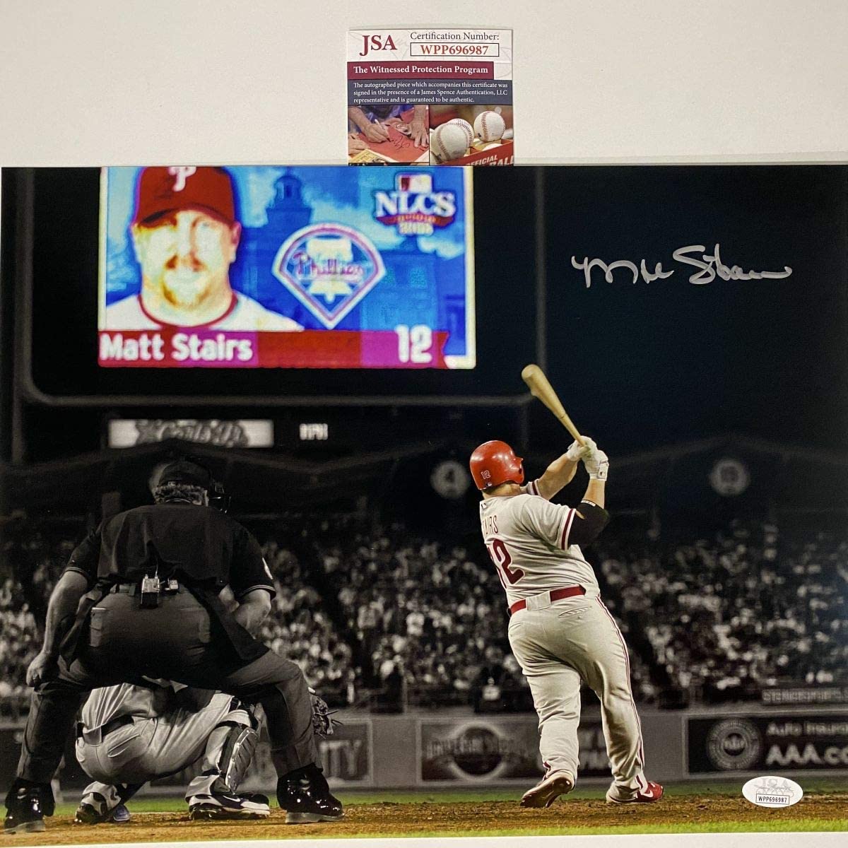Autographed/Signed Matt Stairs Moon Shot Philadelphia 11x14 Baseball Photo JSA COA