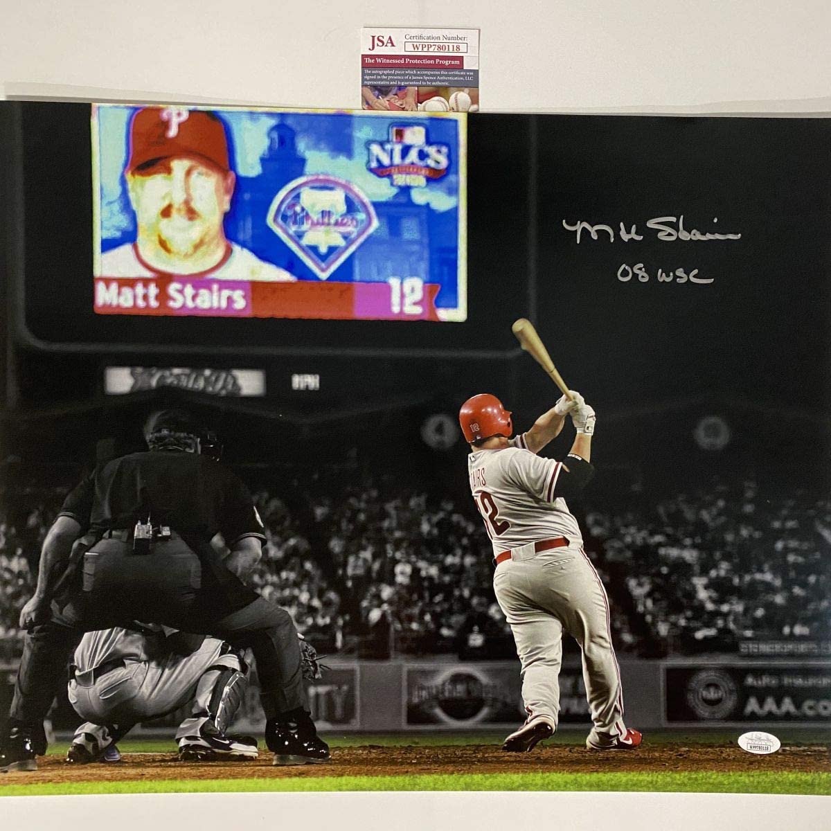 Autographed/Signed Matt Stairs 08 WSC Moon Shot Philadelphia 16x20 Baseball Photo JSA COA