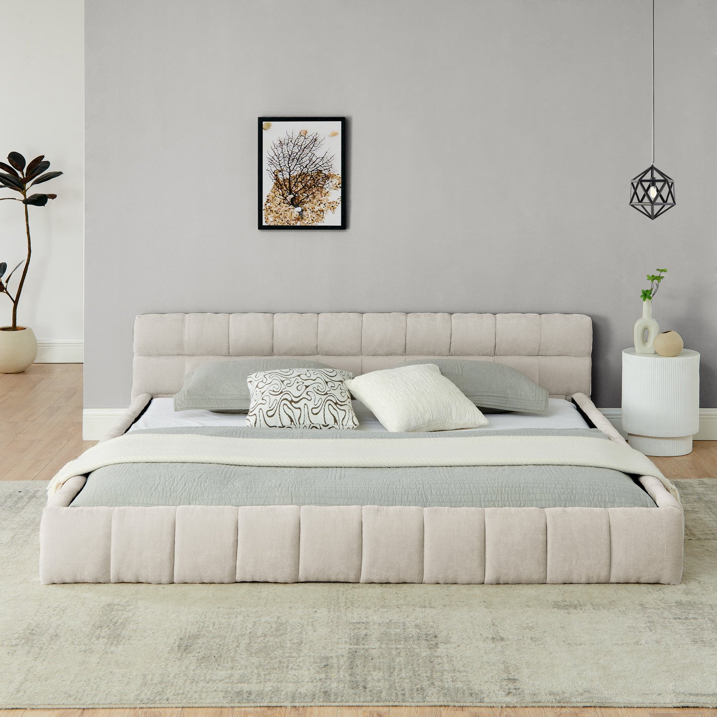 King Size  Upholstered Bed Frame With Thick Fabric, Chenille Fabric Grounded Queen Size Platform Bed With Headboard And Solid Frame. No Box Spring Needed-Beige 88.5x85.5x24