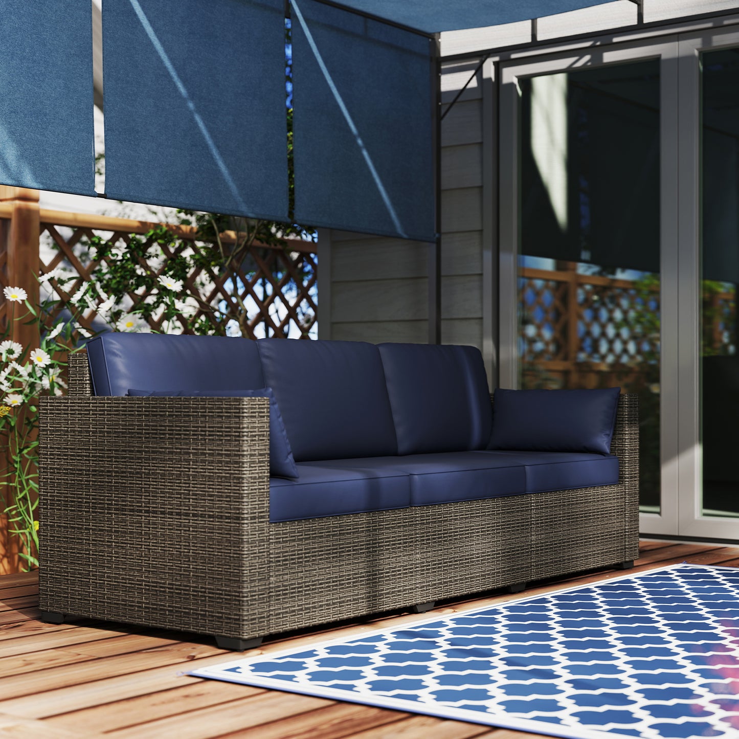Patio Couch PE Wicker Deep Seating Outdoor Sofa with Removable Cushions, 3 Seater Rattan Sofa, Outdoor Furniture for Balcony, Deck, Garden and Poolside, Navy Blue
