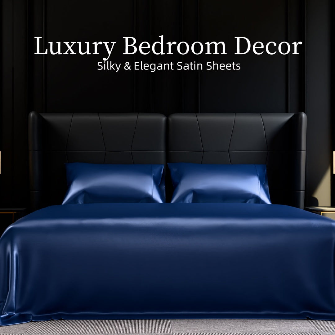 Satin Bed Sheets, King Size Sheets Set, 4 Pcs Silky Bedding Set With 15 Inches Deep Pocket For Mattress King, Navy Blue