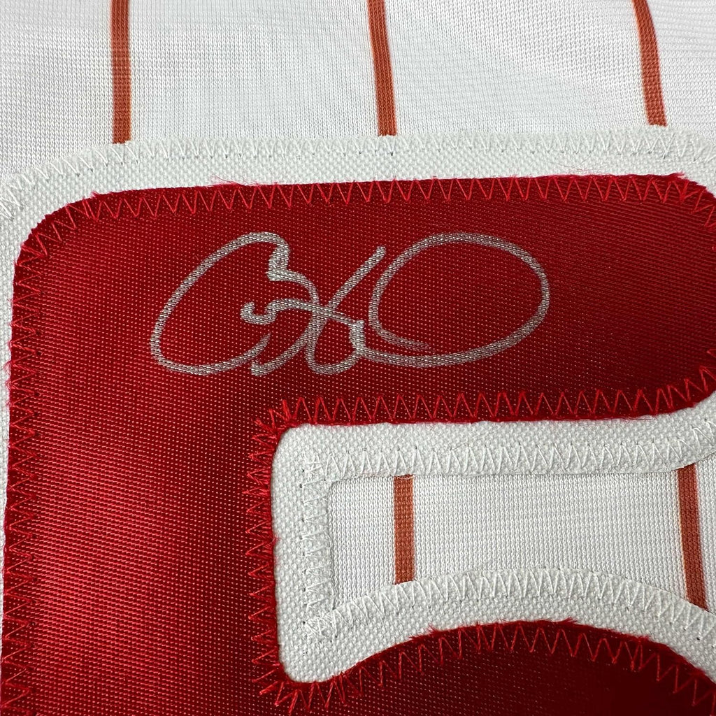Framed Autographed/Signed Cole Hamels 35x39 Philadelphia Pinstripe Baseball Jersey Beckett BAS COA