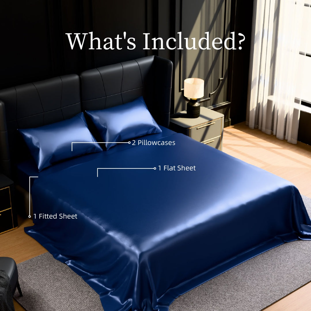 Satin Bed Sheets, King Size Sheets Set, 4 Pcs Silky Bedding Set With 15 Inches Deep Pocket For Mattress King, Navy Blue