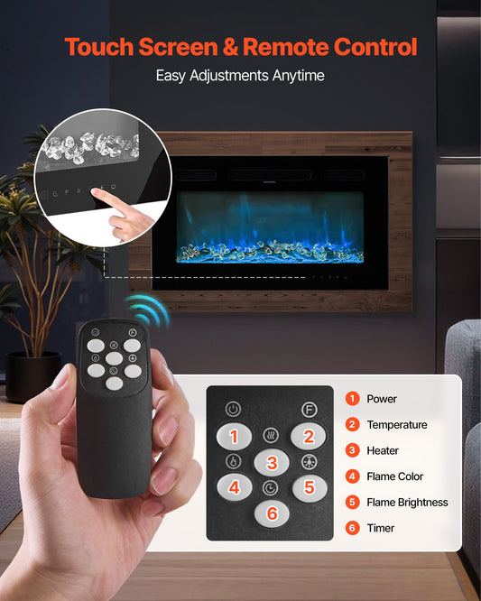 42 Inch Electric Fireplace, Wall Mounted Recessed Fire Place With Remote Control, Timer, 1500W, Adjustable Flame Color Brightness, Touch Screen, Overheat Protection, For Living Room,Bedroom