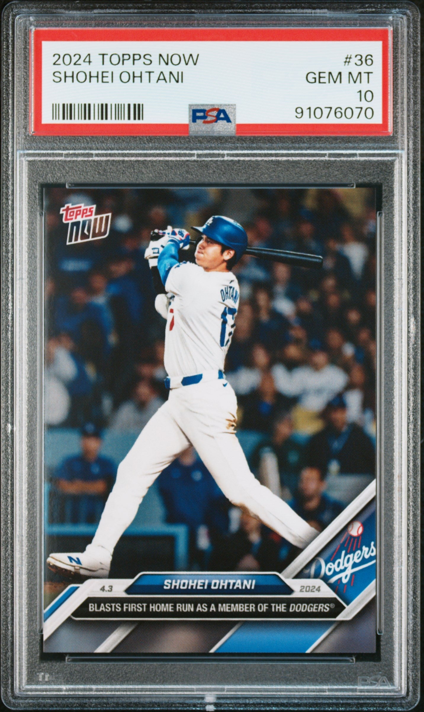Graded 2024 Topps Now Shohei Ohtani #36 Blasts First Home Run As A Member of the Dodgers Baseball Card PSA 10 Gem Mint