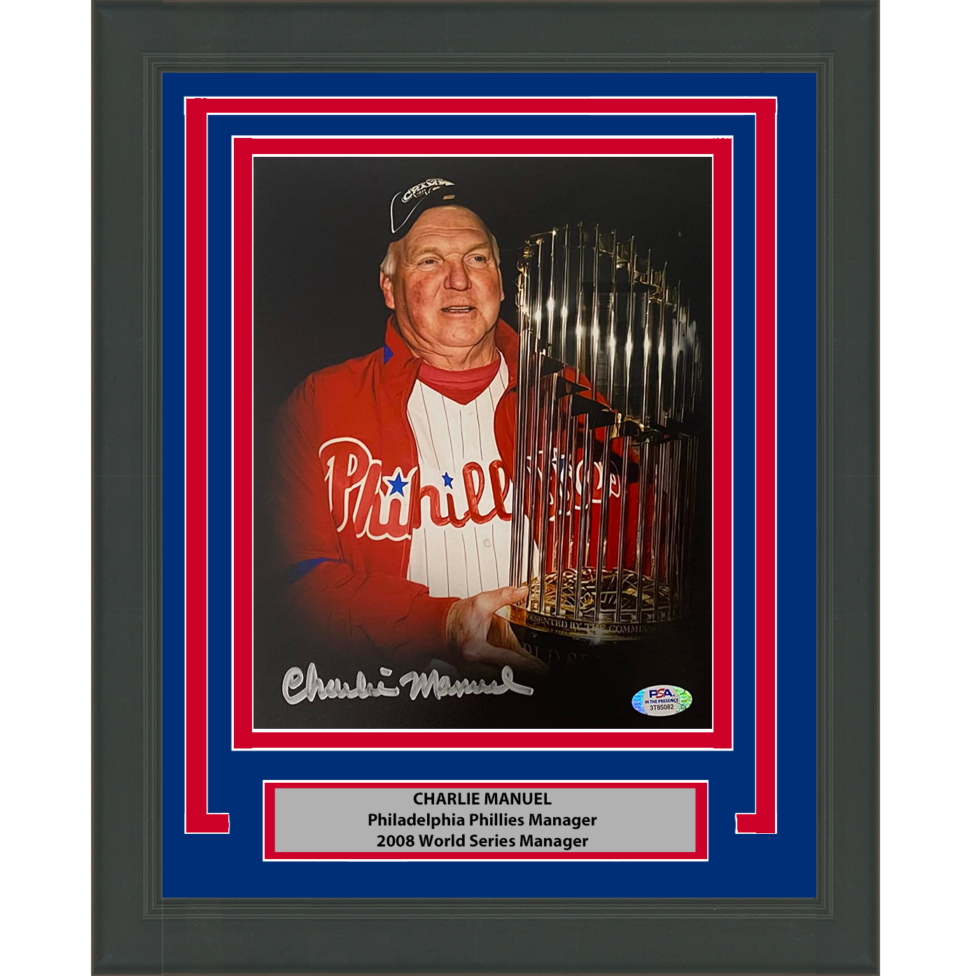 Framed Autographed/Signed Charlie Manuel 2008 World Series Philadelphia 8x10 Baseball Photo PSA/DNA COA