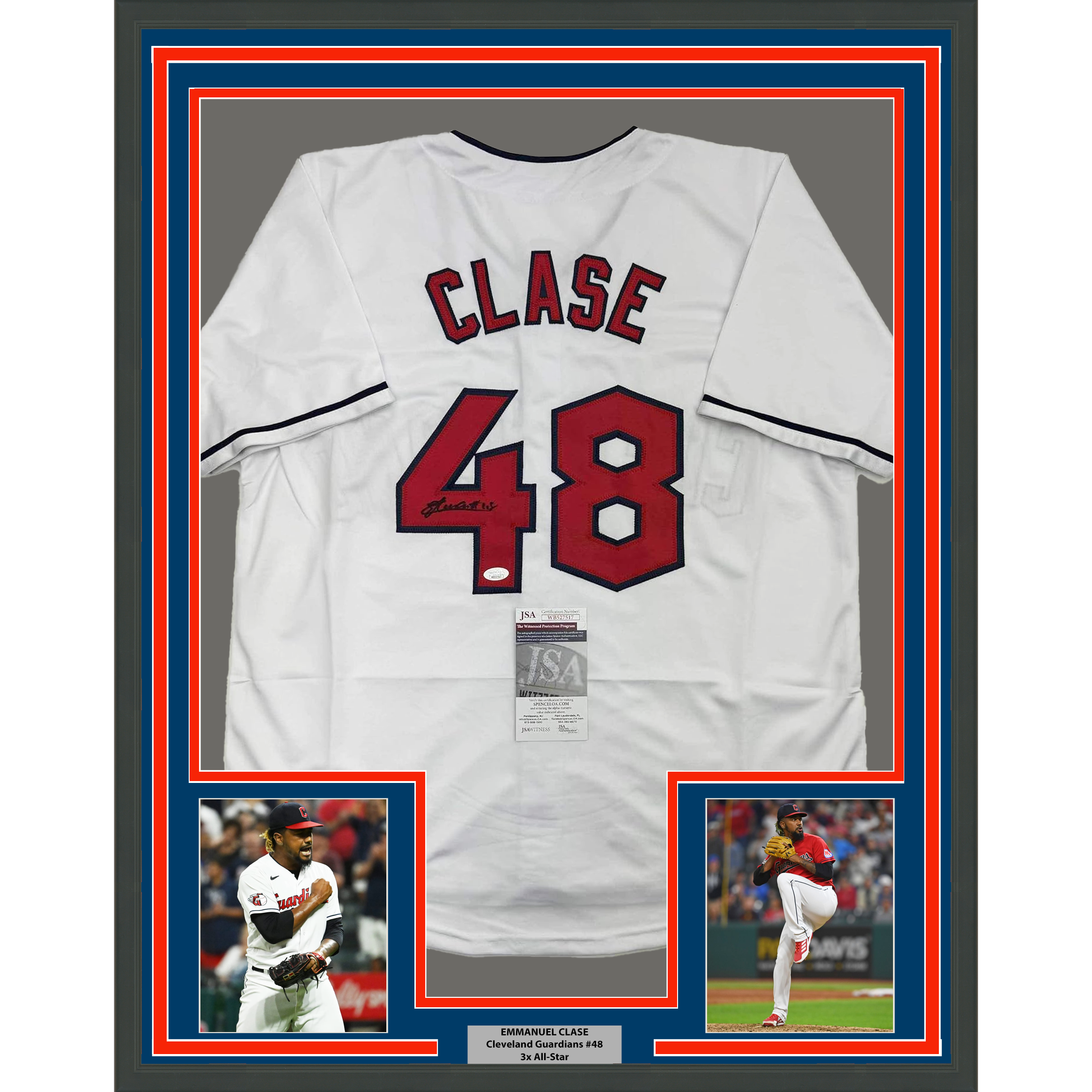 Framed Autographed/Signed Emmanuel Clase 35x39 Cleveland White Baseball Jersey JSA COA