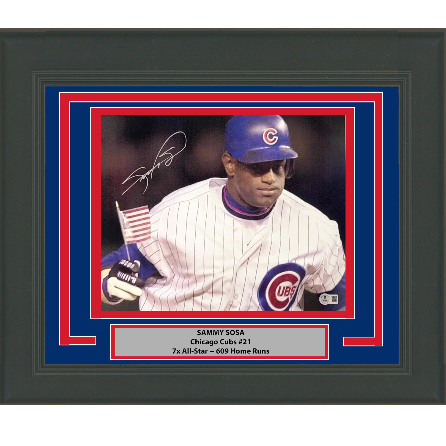Framed Autographed/Signed Sammy Sosa USA Flag Chicago Cubs 11x14 Baseball Photo Beckett BAS COA