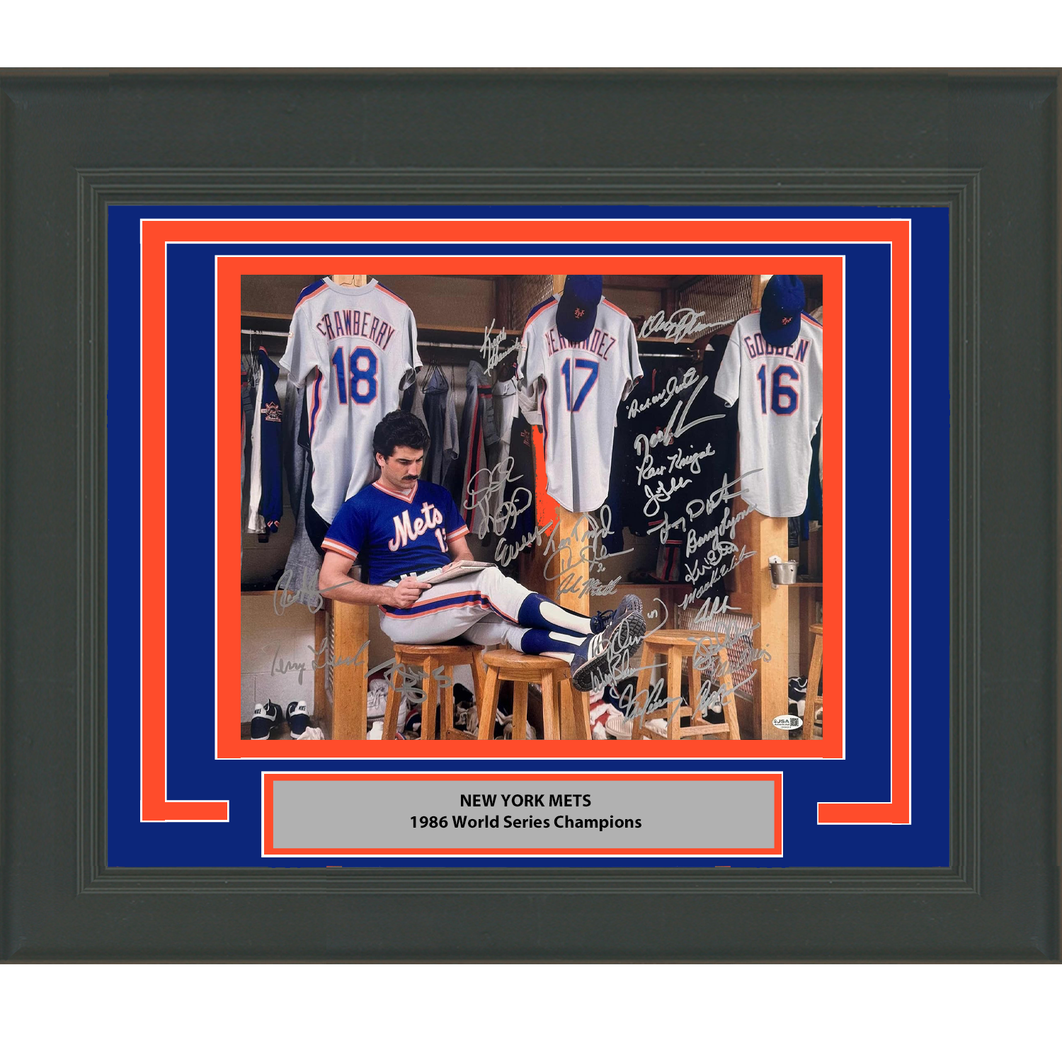 Framed Autographed/Signed 1986 New York Kings of Queens Team 26x Sigs World Series Champions 16x20 Baseball Photo JSA COA