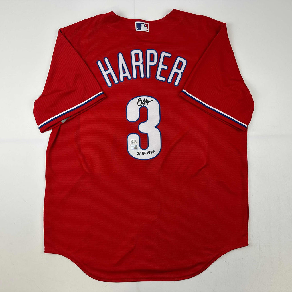 Autographed/Signed Bryce Harper 21 NL MVP Philadelphia Red Replica Baseball Jersey Fanatics & MLB COA