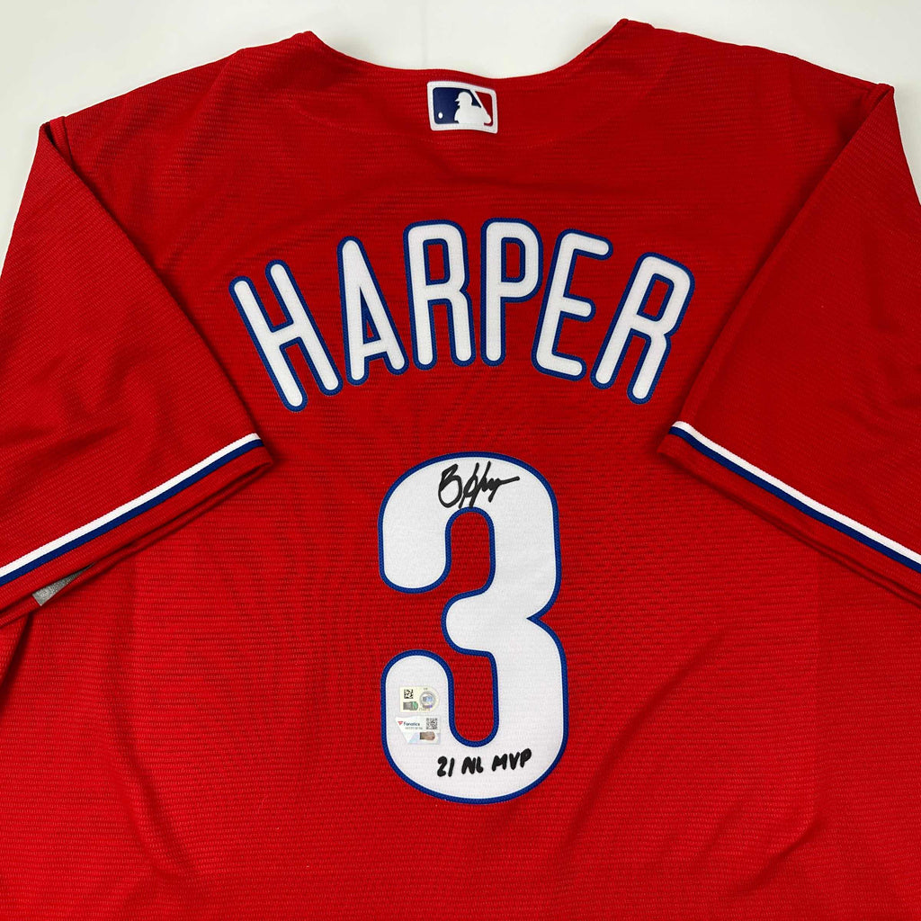 Autographed/Signed Bryce Harper 21 NL MVP Philadelphia Red Replica Baseball Jersey Fanatics & MLB COA