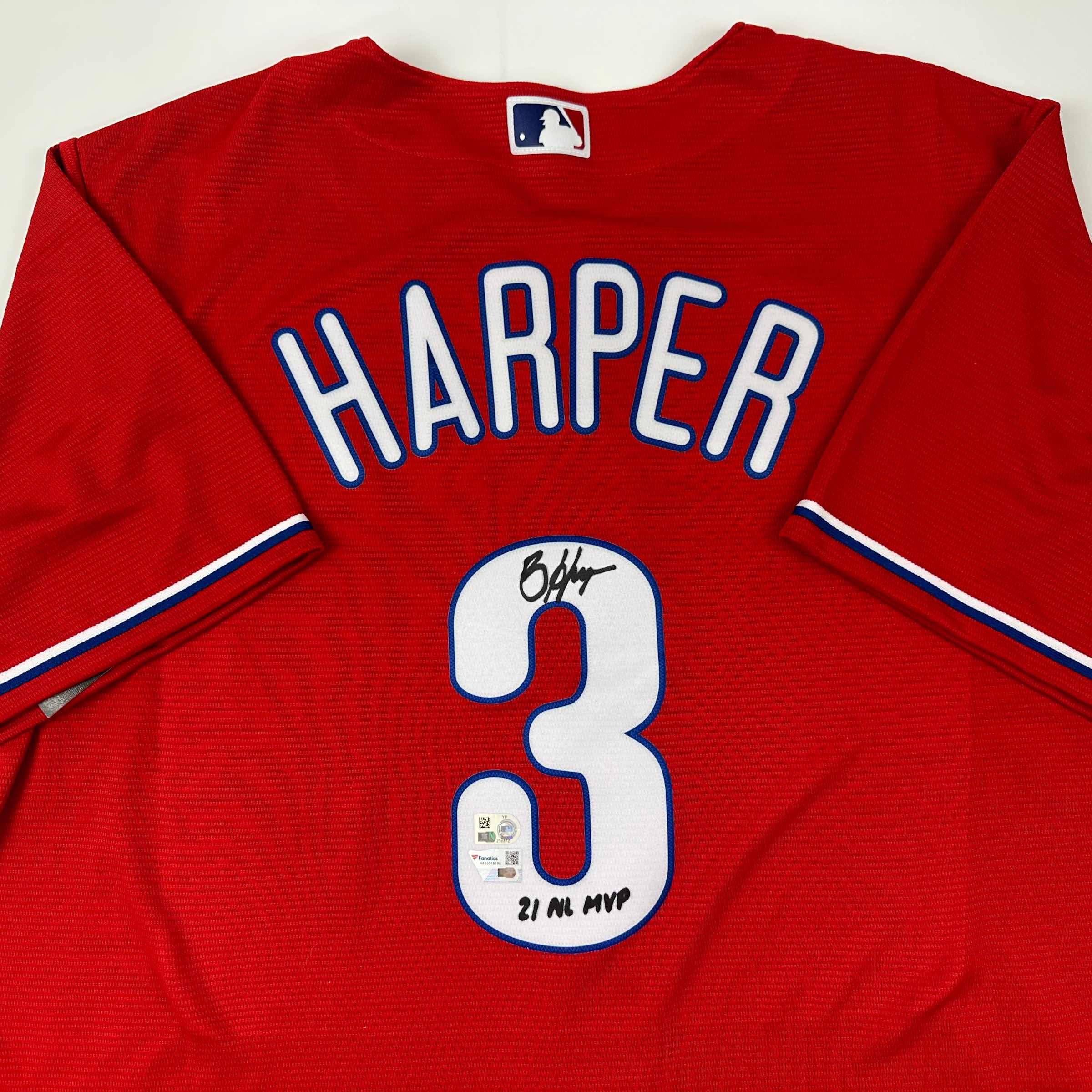 Autographed/Signed Bryce Harper 21 NL MVP Philadelphia Red Replica Baseball Jersey Fanatics & MLB COA