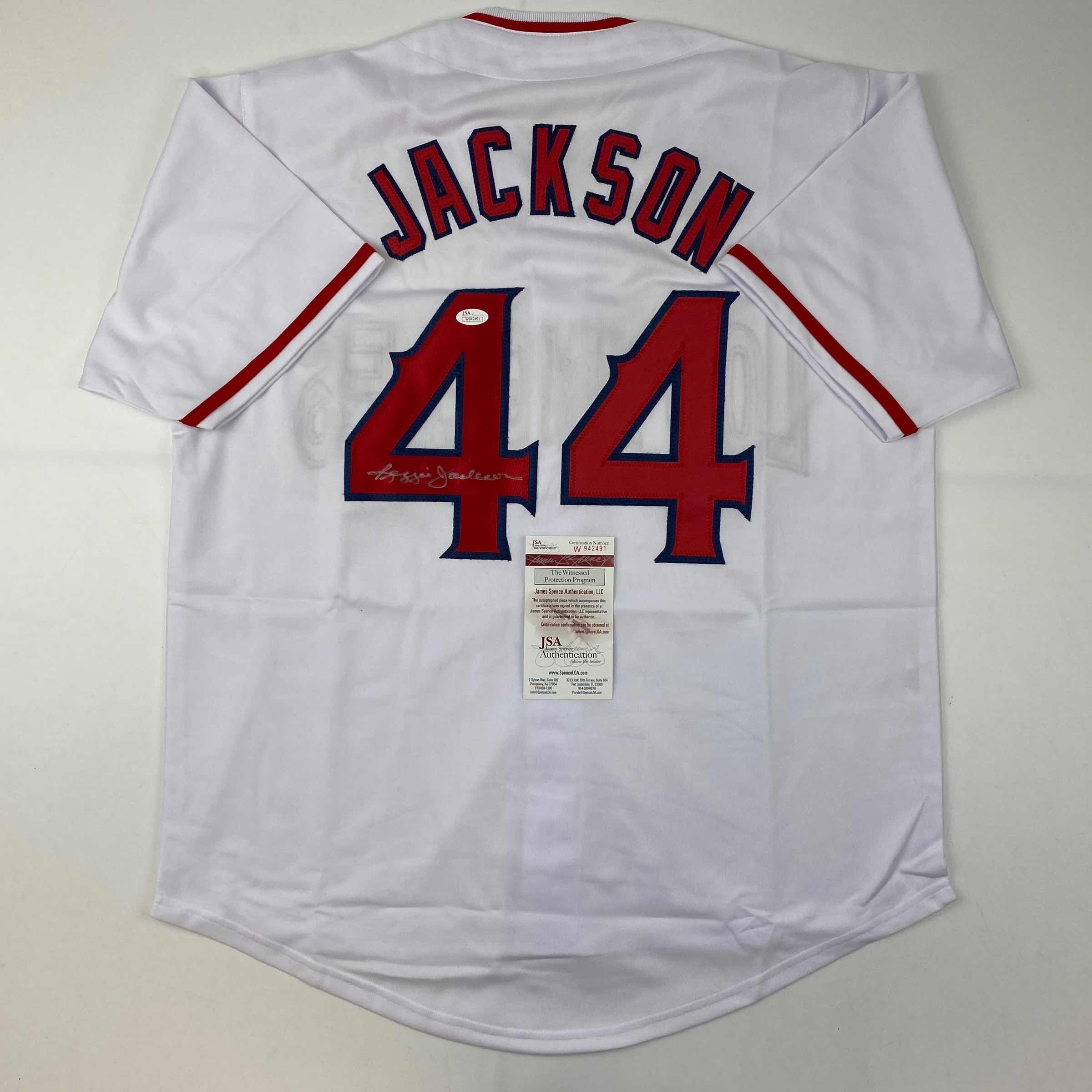 Autographed/Signed Reggie Jackson California Los Angeles White Baseball Jersey JSA COA