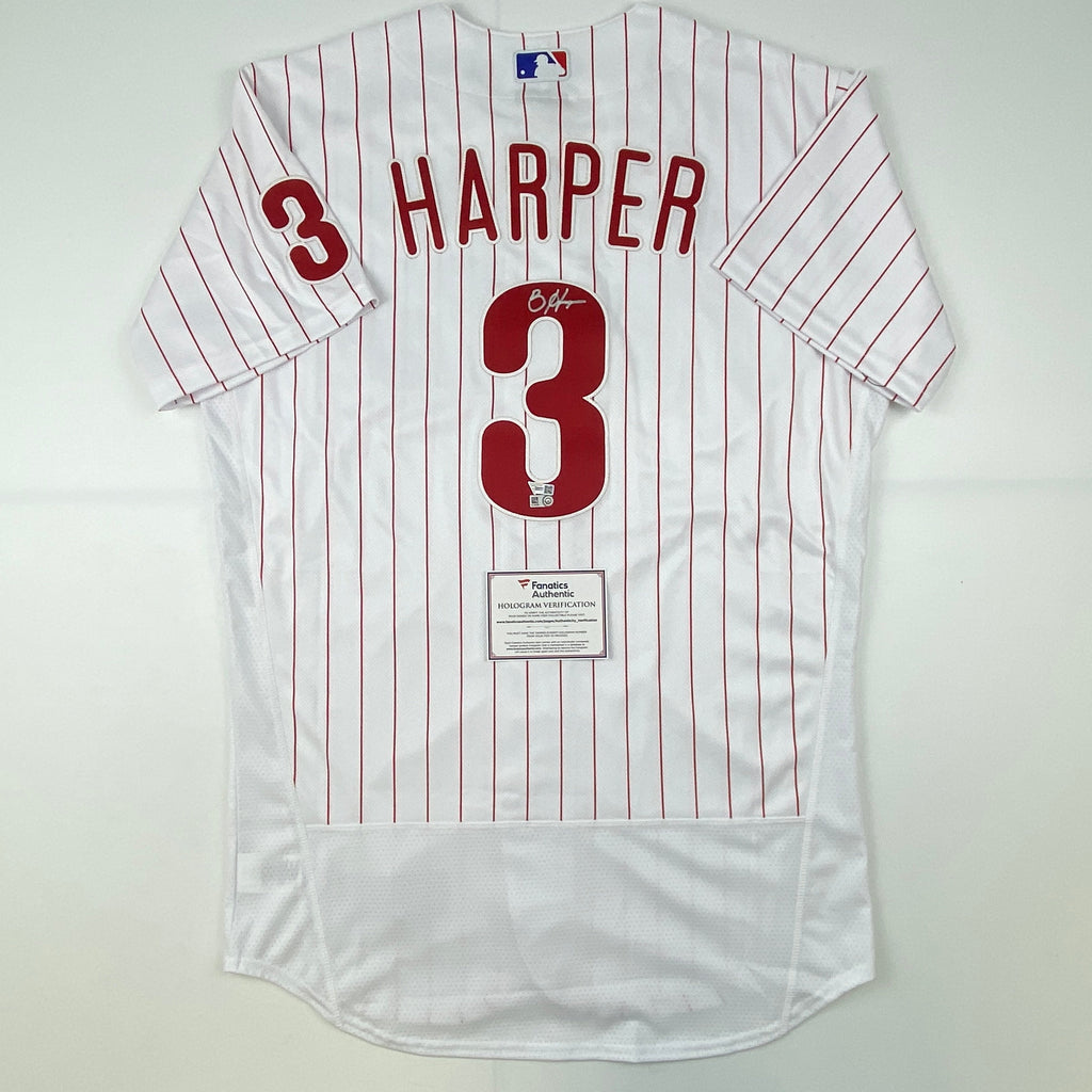 Autographed/Signed Bryce Harper Philadelphia Pinstripe Authentic Baseball Jersey Fanatics & MLB COA