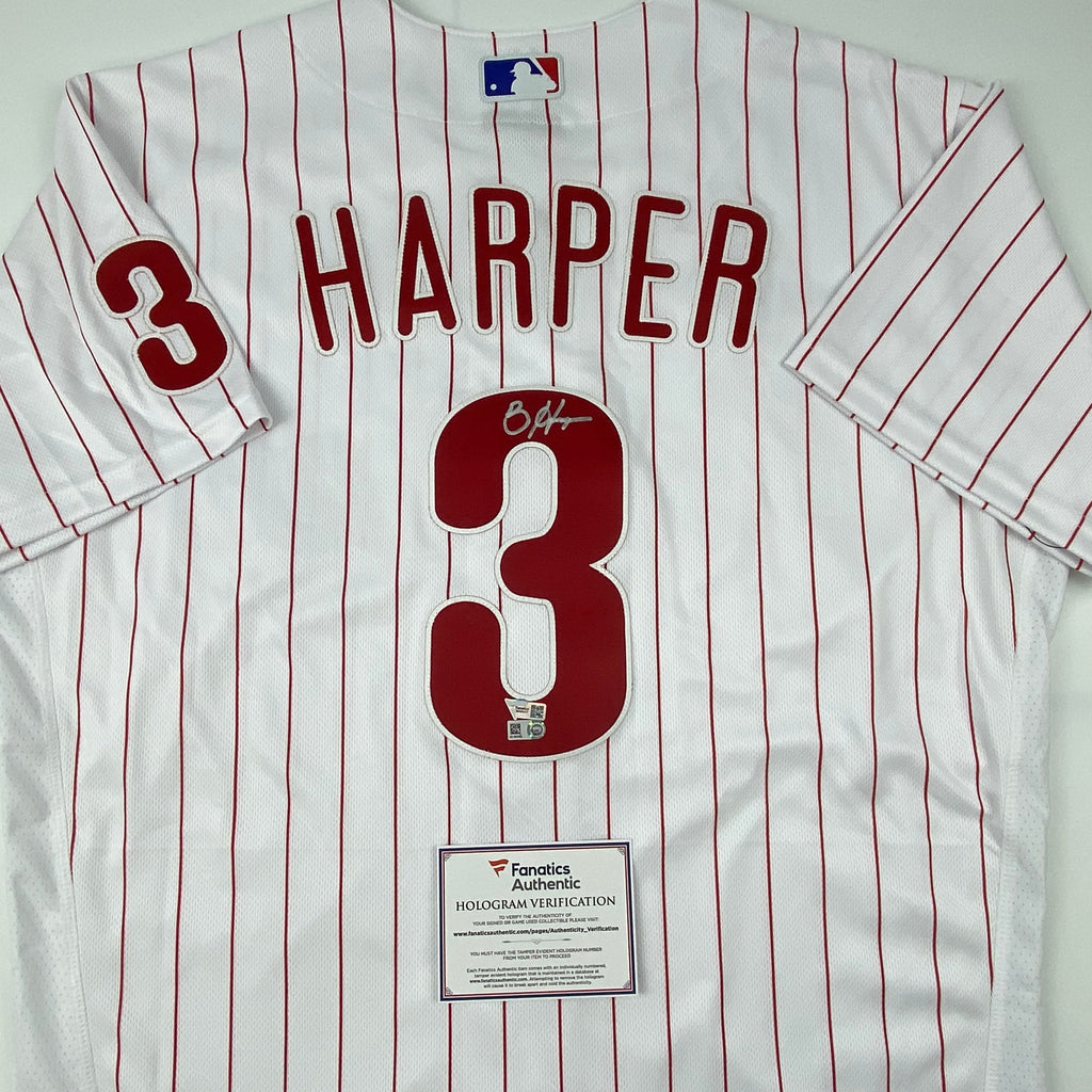 Autographed/Signed Bryce Harper Philadelphia Pinstripe Authentic Baseball Jersey Fanatics & MLB COA
