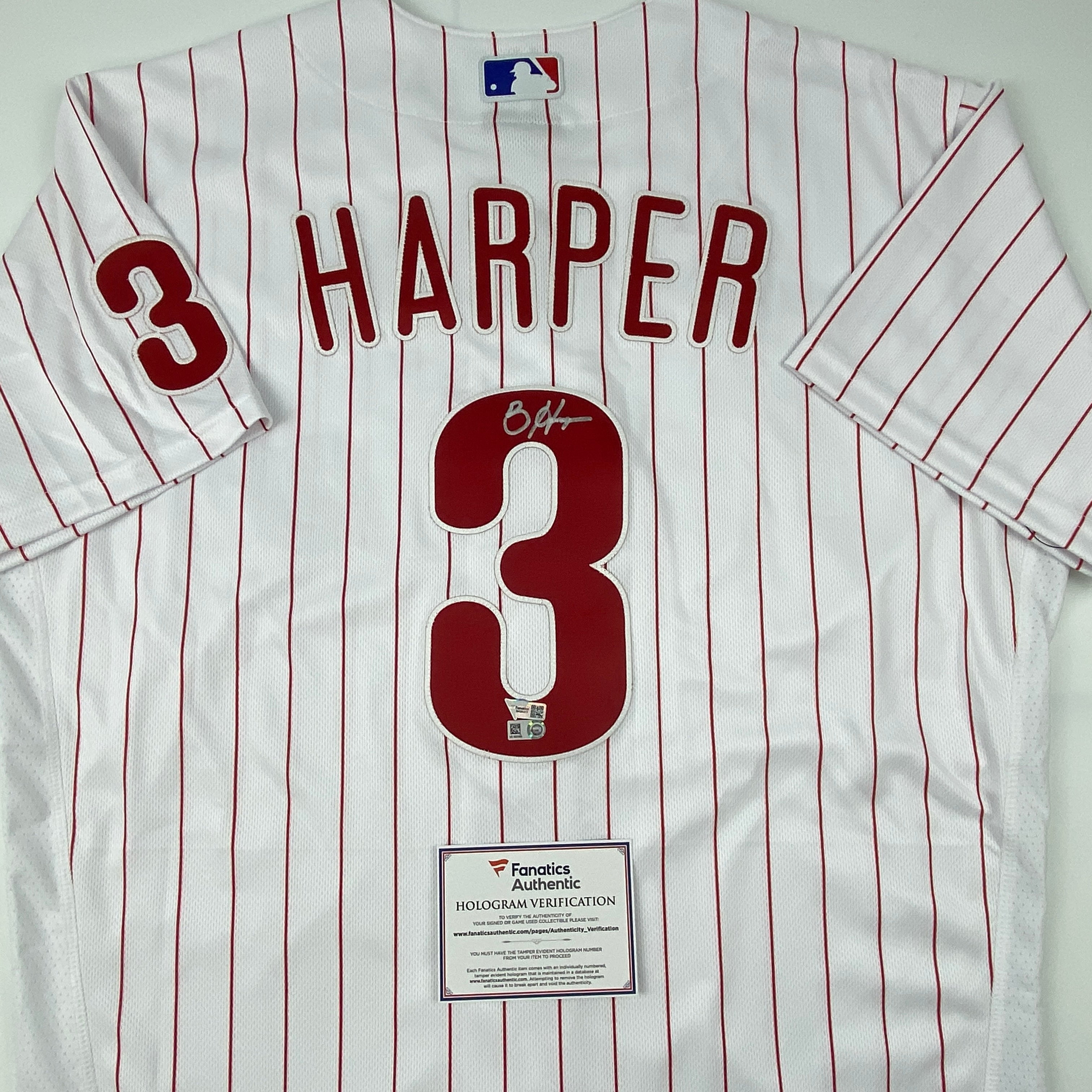 Autographed/Signed Bryce Harper Philadelphia Pinstripe Authentic Baseball Jersey Fanatics & MLB COA